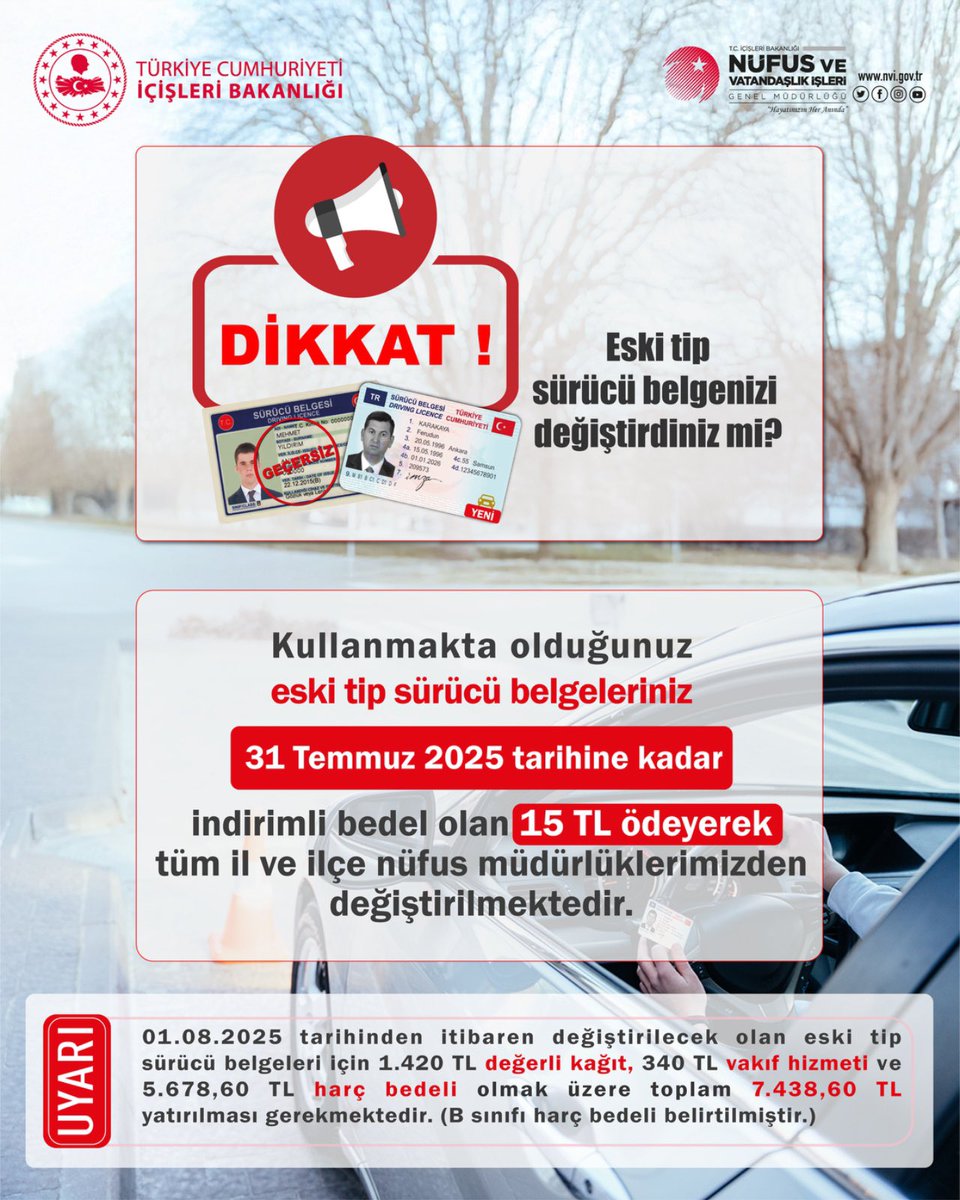 Eski tip sürücü belgesine sahip olan vatandaşlarımızın dikkatine‼️

Değiştirmeniz için son 1️⃣ gün‼️

31.07.2025 tarihine kadar eski tip sürücü belgenizi tüm nüfus müdürlüklerimizden değiştirebilirsiniz. 

#HayatınızınHerAnında