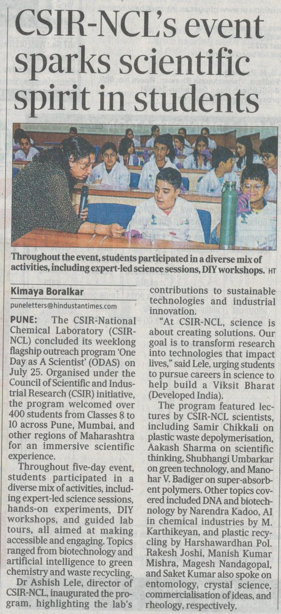 csir_ncl's tweet image. CSIR-NCL&apos;s event sparks scientific spirit in students: Hindustan Times, Pune
@CSIR_IND @CsirJigyasa @AshishLele3467 @WafiaMasih 
#CSIRNCL #jigyasa #OneDayAsAScientist #ScienceForYouth #greenchemistry  #ViksitBharat #scienceoutreach