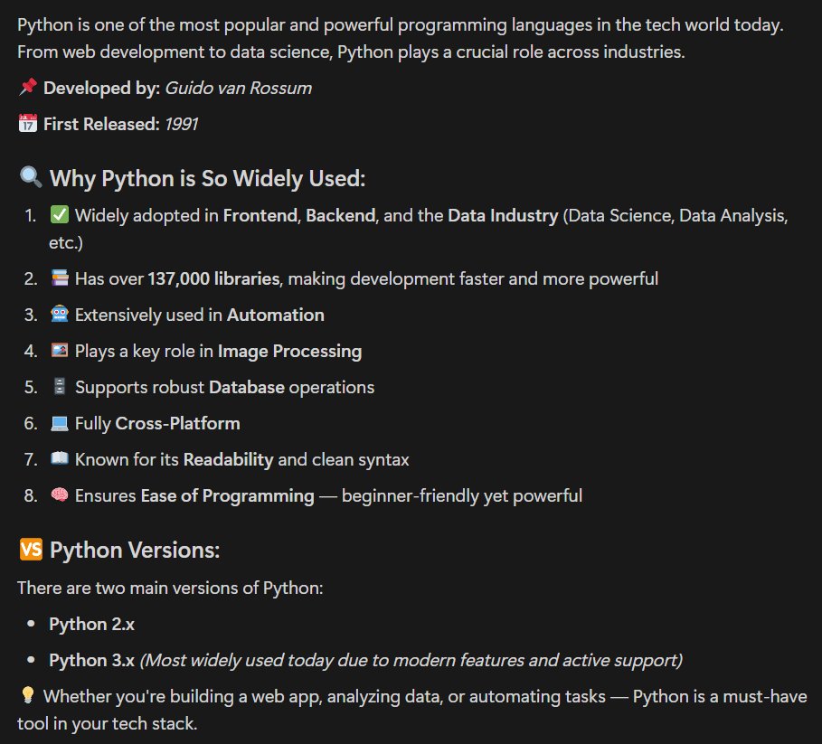 LearnWithAnkit's tweet image. Hey everyone,
Let's Learn some basic Introduction of Python.
#Python #Programming #WebDevelopment  #Automation #SoftwareEngineering  #TechTrends2025