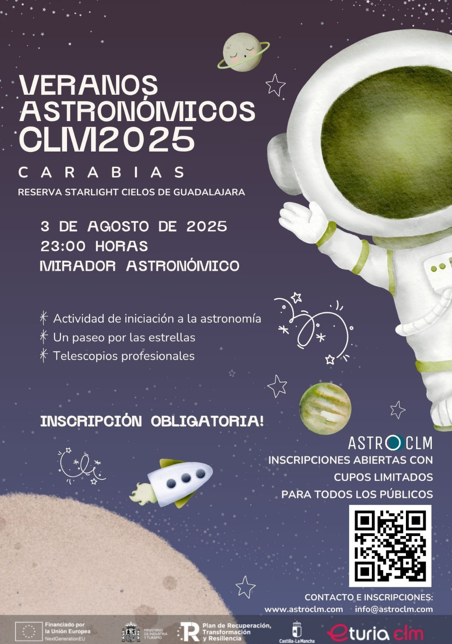 🌌 Veranos Astronómicos CLM 2025
📍 Carabias | 3 agosto | 23:00 h
🔭 Paseo por las estrellas + telescopios
🎟️ Inscripción obligatoria: astroclm.com
Plazas limitadas
@ADEL_SierraNorte
#ReservaStarlight #Astroturismo #NextGenerationEU