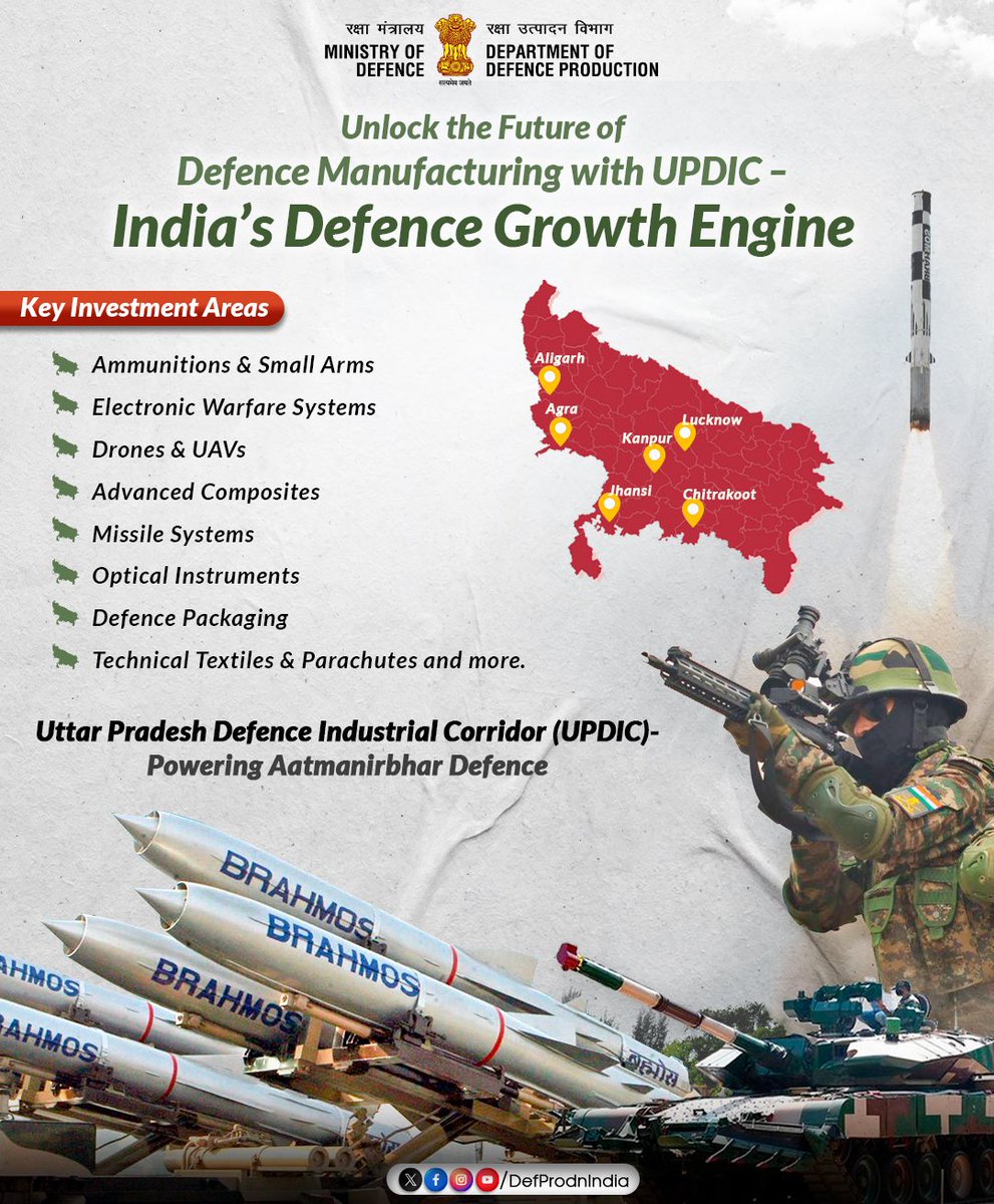 Looking to invest in India's defence future?

Explore the Uttar Pradesh Defence Industrial Corridor (#UPDIC) – a hub of strategic opportunities and innovation!

From drones and missile systems to textiles and EW tech, UPDIC is driving self-reliance in defence manufacturing.
Be