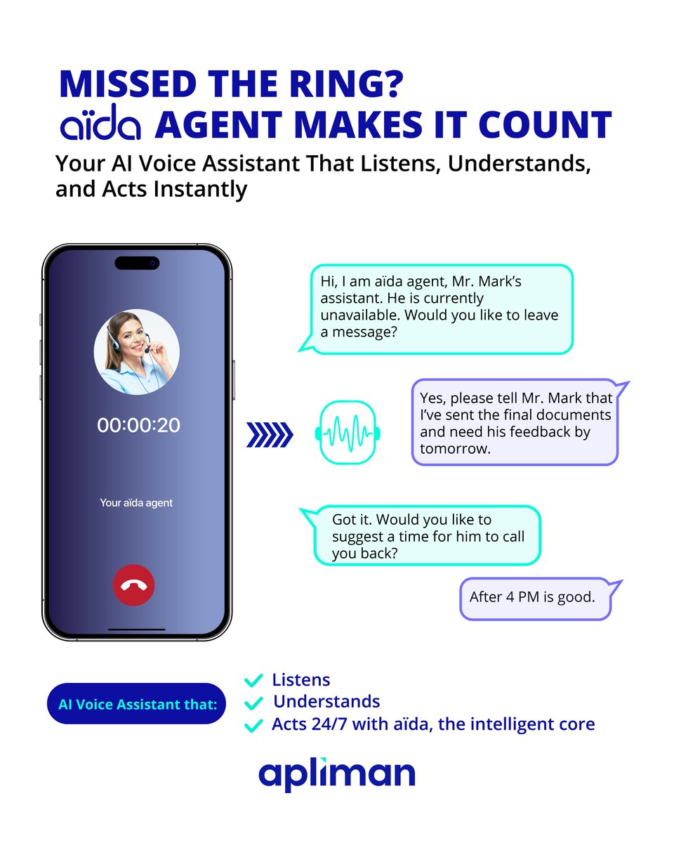 AplimanTech's tweet photo. You might miss the call.
Your aïda agent won’t.

Stay responsive even off-hours with 24/7 voice automation that listens, understands, and acts.

#aiassistant #voiceautomation #missedcallsolution #aïdaagent #apliman https://t.co/O1pCaqUOLp