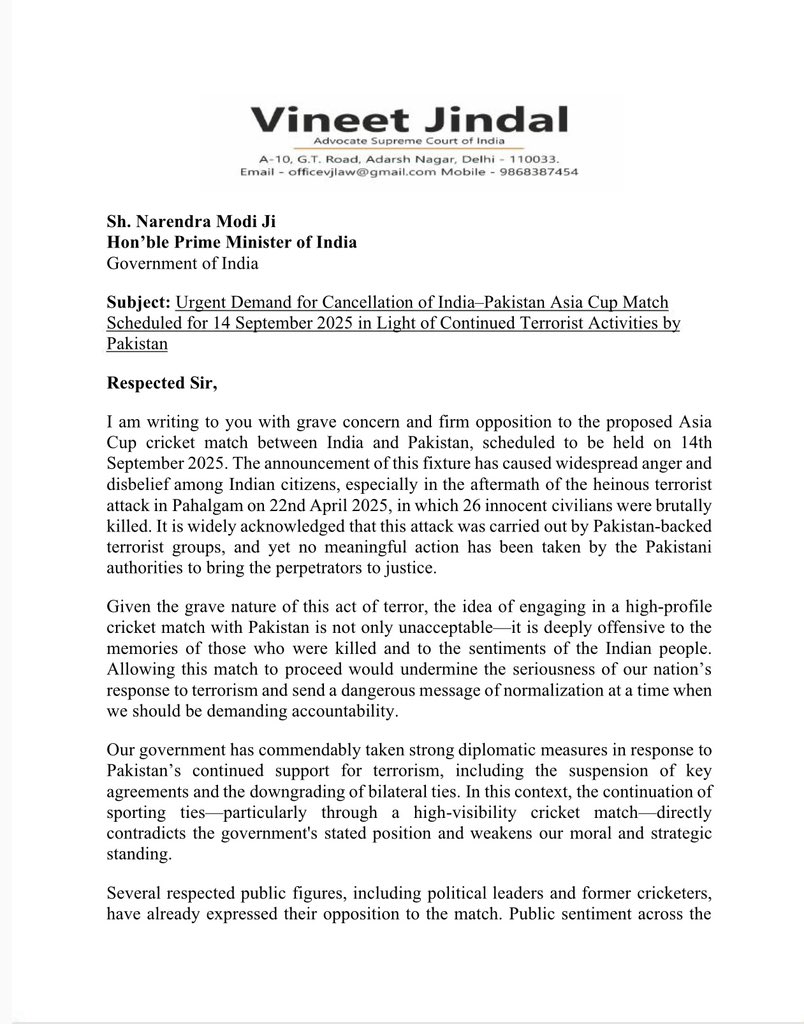 Adv.Vineet Jindal (@vineetjindal19) on Twitter photo рднрд╛рд░рдд-рдкрд╛рдХрд┐рд╕реНрддрд╛рди рдПрд╢рд┐рдпрд╛ рдХрдк рдореИрдЪ рд░рджреНрдж рдХрд░рдиреЗ рдХреА рдорд╛рдВрдЧ
рдкреНрд░рдзрд╛рдирдордВрддреНрд░реА рд╢реНрд░реА <a href="/narendramodi/">Narendra Modi</a> рдЬреА рдХреЛ рднреЗрдЬреА рдЧрдИ рдФрдкрдЪрд╛рд░рд┐рдХ рд╢рд┐рдХрд╛рдпрддред
рдПрдбрд╡реЛрдХреЗрдЯ рд╡рд┐рдиреАрдд рдЬрд┐рдВрджрд▓, рдЕрдзреНрдпрдХреНрд╖, рдЗрдВрдЯрд░рдиреЗрд╢рдирд▓ рд╣рд┐рдВрджреВ рд╕реЗрд╡рд╛ рд╕рдВрдШ рдиреЗ 14 рд╕рд┐рддрдВрдмрд░ 2025 рдХреЛ рдкреНрд░рд╕реНрддрд╛рд╡рд┐рдд рднрд╛рд░рдд-рдкрд╛рдХрд┐рд╕реНрддрд╛рди рдХреНрд░рд┐рдХреЗрдЯ рдореИрдЪ рдХреЛ рддреБрд░рдВрдд рд░рджреНрдж рдХрд░рдиреЗ рдХреА рдорд╛рдВрдЧ рдХреА рд╣реИред
рдкрд╛рдХрд┐рд╕реНрддрд╛рди рд╕рдорд░реНрдерд┐рдд рднрд╛рд░рдд-рдкрд╛рдХрд┐рд╕реНрддрд╛рди рдПрд╢рд┐рдпрд╛ рдХрдк рдореИрдЪ рд░рджреНрдж рдХрд░рдиреЗ рдХреА рдорд╛рдВрдЧ
рдкреНрд░рдзрд╛рдирдордВрддреНрд░реА рд╢реНрд░реА <a href="/narendramodi/">Narendra Modi</a> рдЬреА рдХреЛ рднреЗрдЬреА рдЧрдИ рдФрдкрдЪрд╛рд░рд┐рдХ рд╢рд┐рдХрд╛рдпрддред
рдПрдбрд╡реЛрдХреЗрдЯ рд╡рд┐рдиреАрдд рдЬрд┐рдВрджрд▓, рдЕрдзреНрдпрдХреНрд╖, рдЗрдВрдЯрд░рдиреЗрд╢рдирд▓ рд╣рд┐рдВрджреВ рд╕реЗрд╡рд╛ рд╕рдВрдШ рдиреЗ 14 рд╕рд┐рддрдВрдмрд░ 2025 рдХреЛ рдкреНрд░рд╕реНрддрд╛рд╡рд┐рдд рднрд╛рд░рдд-рдкрд╛рдХрд┐рд╕реНрддрд╛рди рдХреНрд░рд┐рдХреЗрдЯ рдореИрдЪ рдХреЛ рддреБрд░рдВрдд рд░рджреНрдж рдХрд░рдиреЗ рдХреА рдорд╛рдВрдЧ рдХреА рд╣реИред
рдкрд╛рдХрд┐рд╕реНрддрд╛рди рд╕рдорд░реНрдерд┐рдд