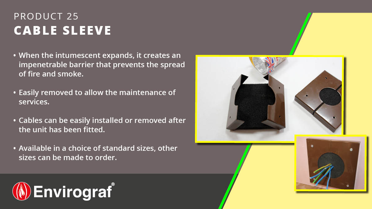A semi-flexible tube with 2 end plates providing up to 130 minutes fire &amp; smoke protection for electrical/plumbing services passing through fire barrier partitions.  Easy to install. Can be removed for maintenance of services.  Choice of sizes.
tinyurl.com/envirograf25