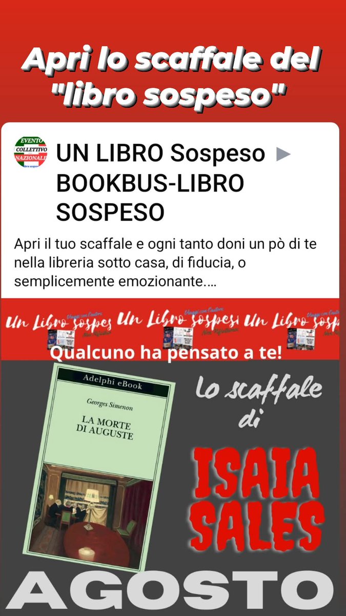 APRI LO SCAFFALE DEL LIBRO SOSPESO NELLA TUA LIBRERIA PREFERITA. 

#librosospeso Qualcuno ha pensato a te!