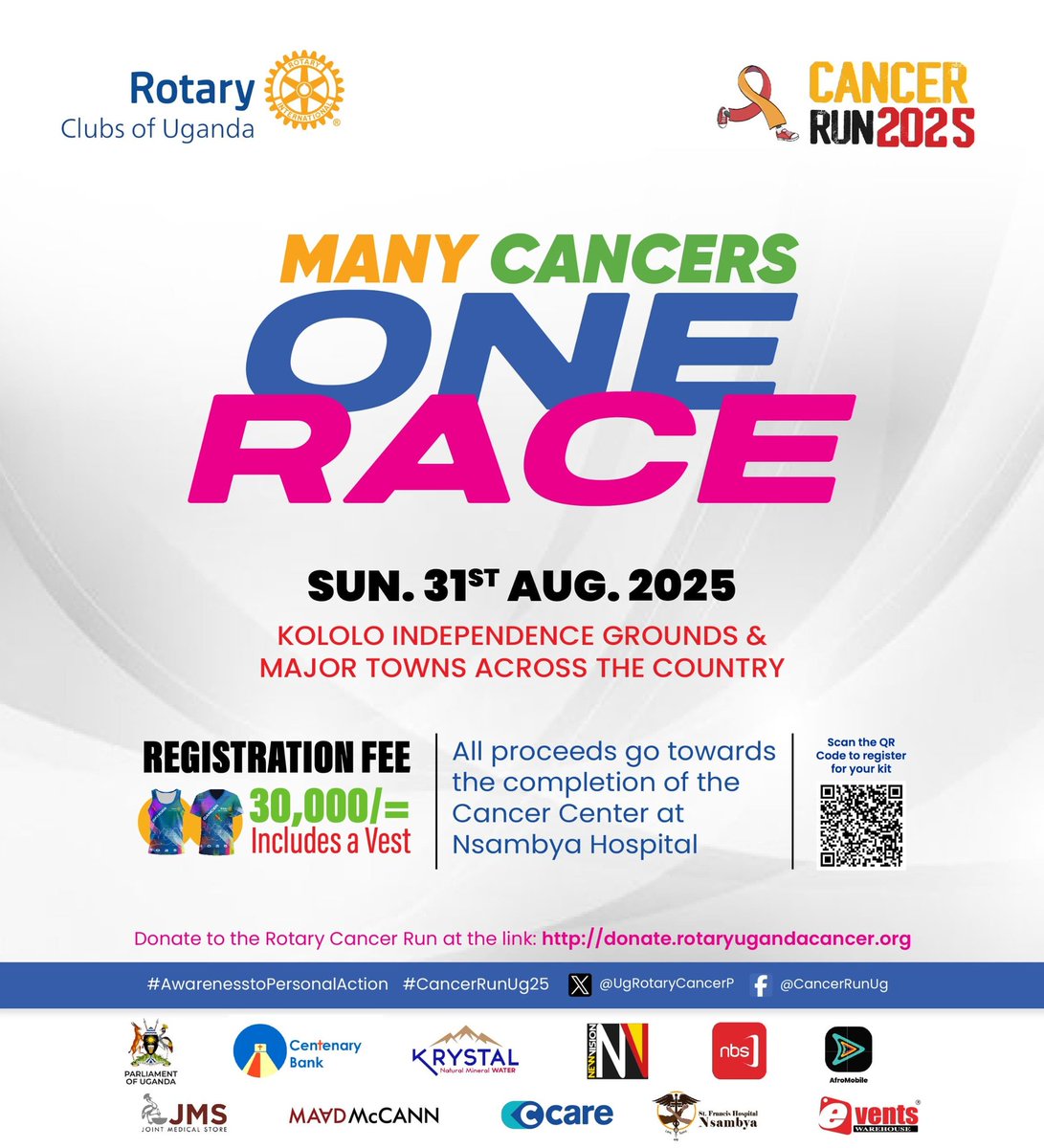 ROTARY MEDIA UG (@rotarymedia256) on Twitter photo MANY CANCERS, ONE RACE!
Uganda, let’s lace up for a cause that matters!
Join the #CancerRunUg25 on 31st August 2025 at Kololo Grounds and across major towns.
Fee: 30,000 UGX (includes a kit)
Register now via: donate.rotaryugandacancer.org
#Awarenesss|<a href="/UgRotaryCancerP/">#CancerRunUg25</a> | #RotaryEyamba MANY CANCERS, ONE RACE!
Uganda, let’s lace up for a cause that matters!
Join the #CancerRunUg25 on 31st August 2025 at Kololo Grounds and across major towns.
Fee: 30,000 UGX (includes a kit)
Register now via: donate.rotaryugandacancer.org
#Awarenesss|<a href="/UgRotaryCancerP/">#CancerRunUg25</a> | #RotaryEyamba