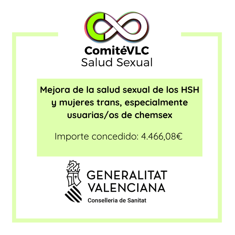 ComiteVLC's tweet photo. Gracias a @GVAsanitat por reconocer el proyecto del ComitéVLC "Mejora de la salud sexual de los HSH y mujeres trans, especialmente usuarias/os de chemsex" dentro de la convocatoria de ayudas a la promoción de la Salud Sexual
#Chemsex #ValenciaChemsex #ComiteVLC https://t.co/etTBmBhZbZ