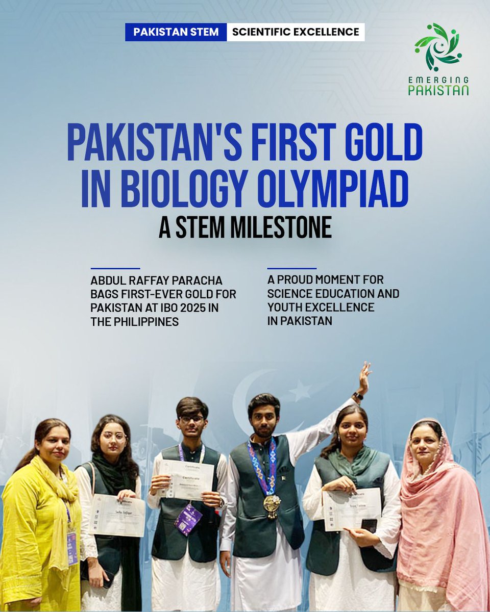 Abdul Raffay Paracha bags Pakistan's first-ever Gold in Biology Olympiad 2025 in the Philippines.

A proud moment for STEM and youth excellence!

#Pakistan #STEM #Science #Education #Youth #EmergingPakistan