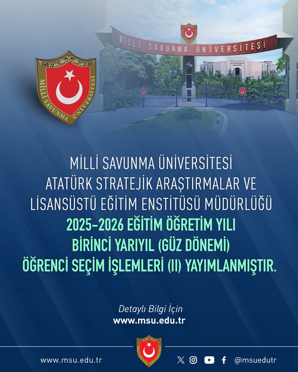 2025-2026 Eğitim ve Öğretim Yılı Güz Yarıyılı’nda Milli Savunma Üniversitesi Atatürk Stratejik Araştırmalar ve Lisansüstü Eğitim Enstitüsü (ATASAREN) Müdürlüğü bünyesinde açılacak tezli/tezsiz yüksek lisans ve doktora programlarına öğrenci alınacaktır. 

Başvurular 25 Ağustos-05
