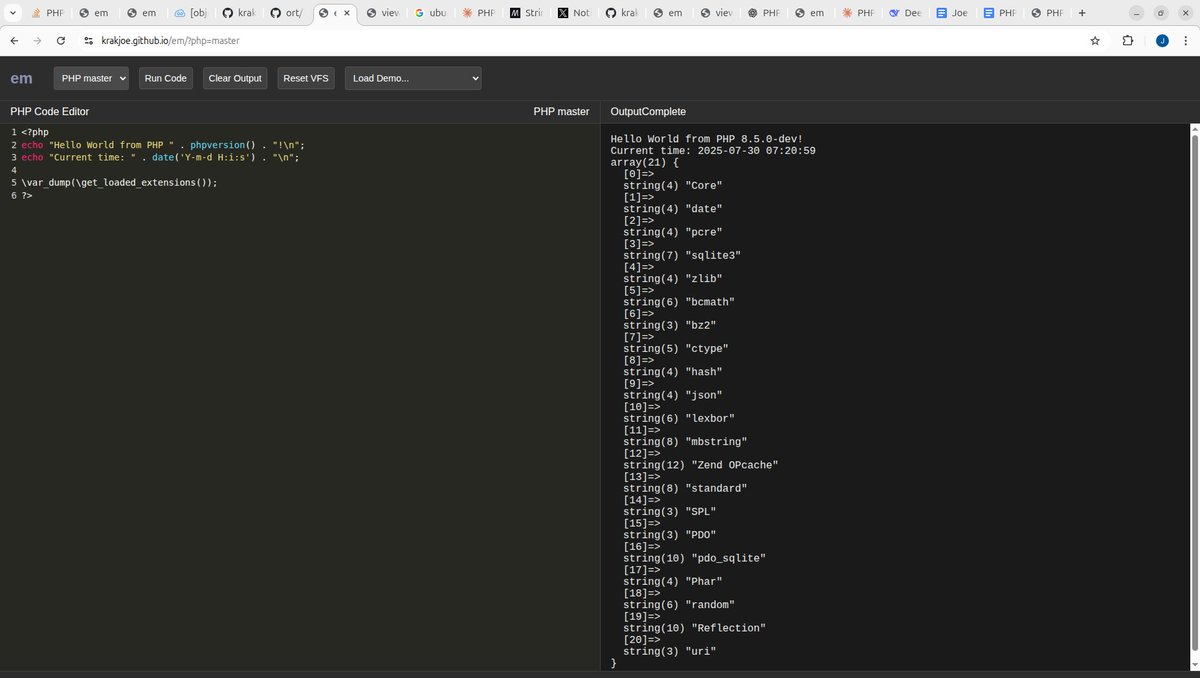 krakjoe's tweet image. Hey #PHP,

em is in a separate repo, I got a working action together and a pipeline ...

Here are 6 versions of php to play with: krakjoe.github.io/em/

github.com/krakjoe/em
#php #wasm