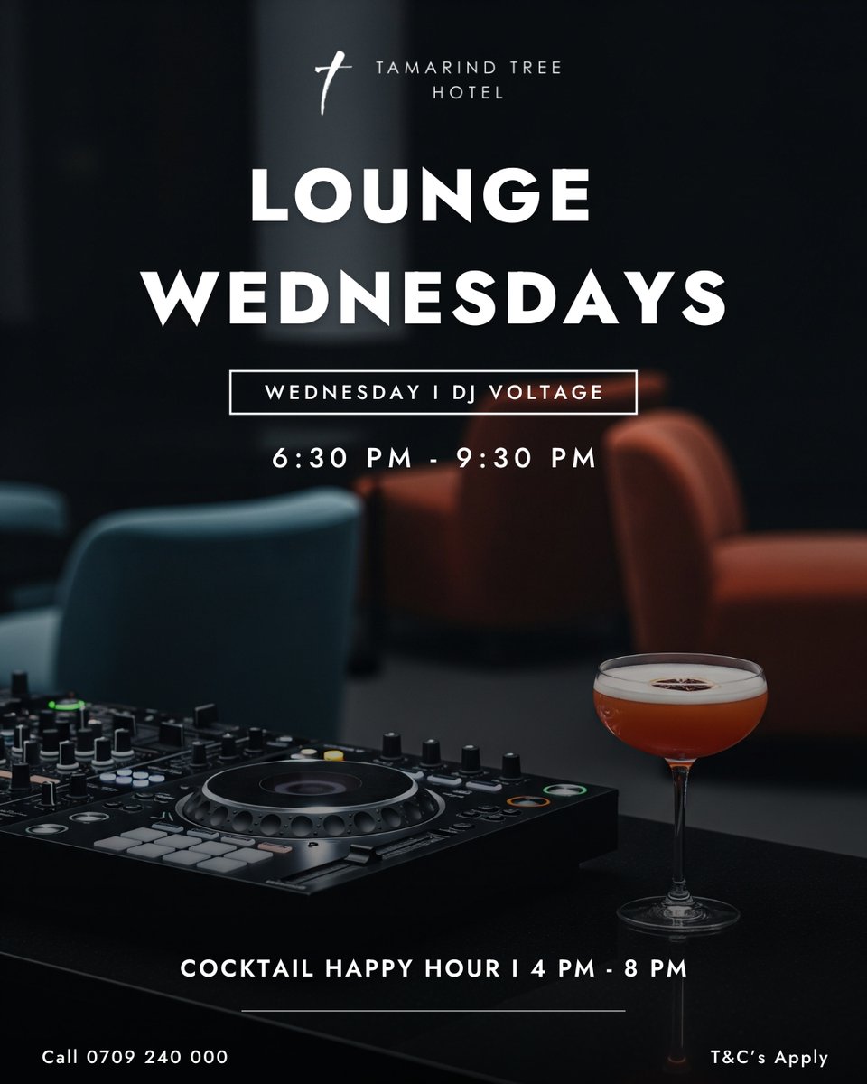 Reminisce on a Wednesday with Dj Voltage and Cocktail Happy Hour at 50% off from 4 PM

Call 0709 240 000 #LoungeWednesday