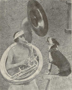 "Filmu zvaigzne Viola Dana ar savu milzīgo džazbanda trompeti "pavada" suņa riešanu."

/Atpūta, 27.03.1925