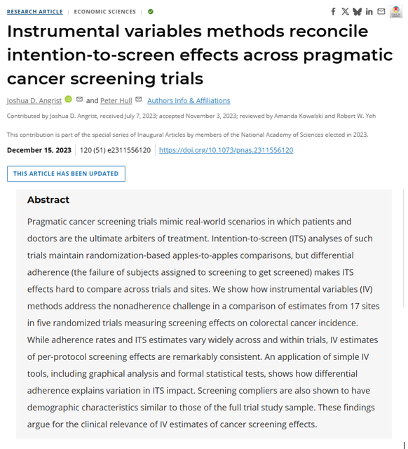🧪 Satunnaistetut kokeet eivät takaa kliinisesti relevantteja tuloksia, jos kokeen osallistujat eivät noudata protokollaa (non-adherence).
Angrist &amp; Hull (PNAS): IV-menetelmä voi korjata tämän, silti yhä alikäytetty, erityisesti seulontatutkimuksissa.
🔗 doi.org/10.1073/pnas.2…