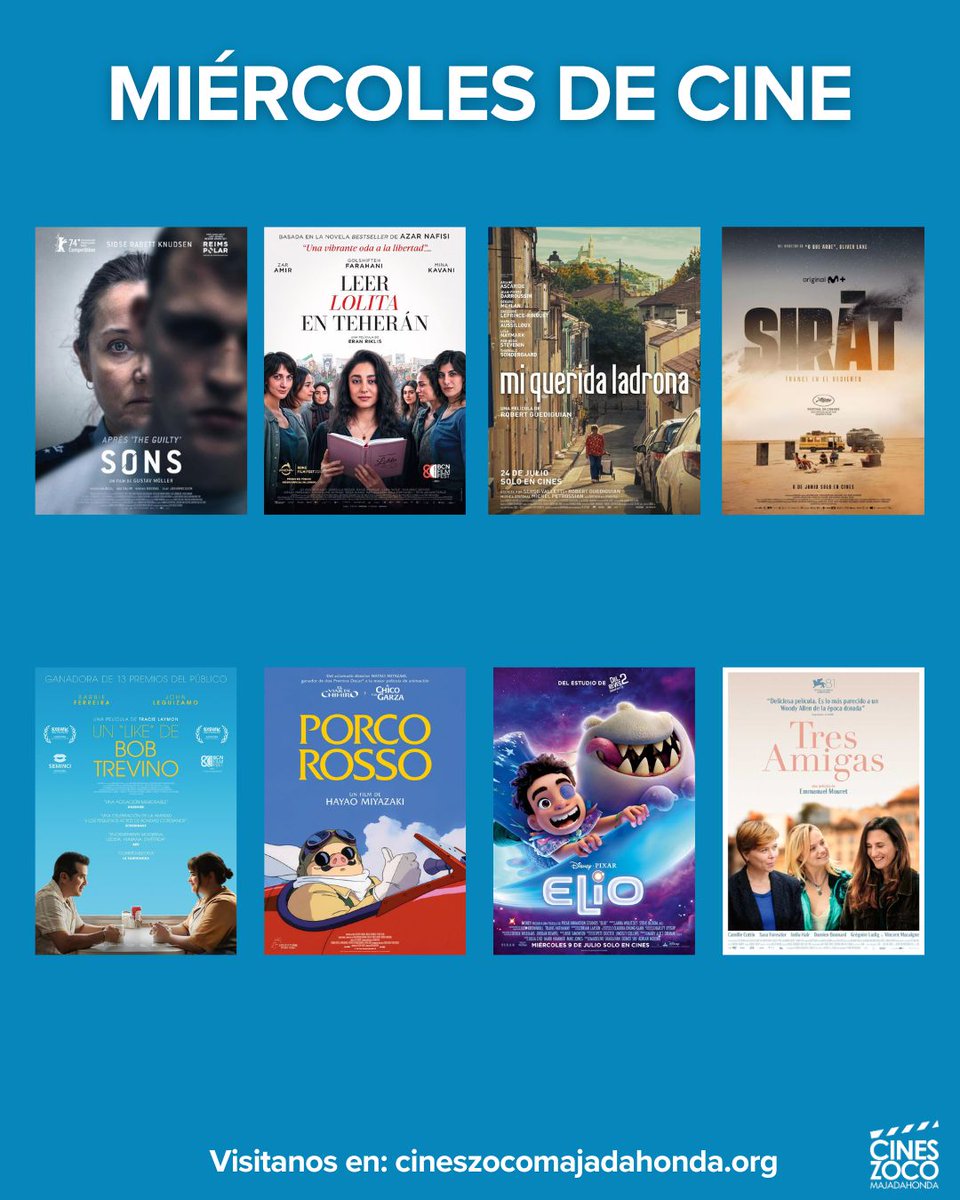 Hoy Miércoles, día del espectador, ven al Cine a precios reducidos y elige entre las grandes películas de nuestra Cartelera: 
Prisioneros
Leer "Lolita" en Teherán
Mi querida ladrona
Sirât
Un ‘like’ de Bob Trevino
Porco Rosso
Elio
Tres amigas 
cineszocomajadahonda.org