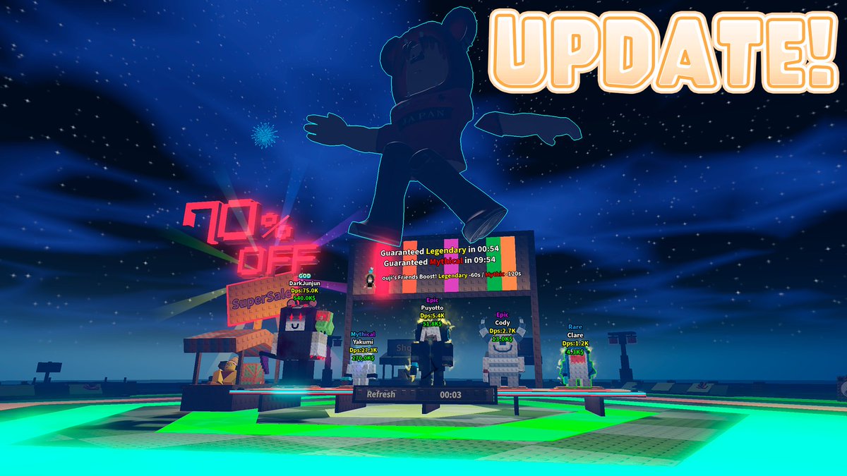 Robloxlabo's tweet image. 🪓木こりを盗まないで!
🎉7/31(木) 15:00より新機能実装!🎉
🛠️ アップデート詳細
・新レアリティ「God」実装
・新NPC3体実装
・新イベント「Super Sale」実装
・新イベント「Slap Tower」実装
・高レアリティNPCの保証販売開始
・友だち人数による保証販売時間短縮
・斧の強化と攻撃力の仕様を変更…