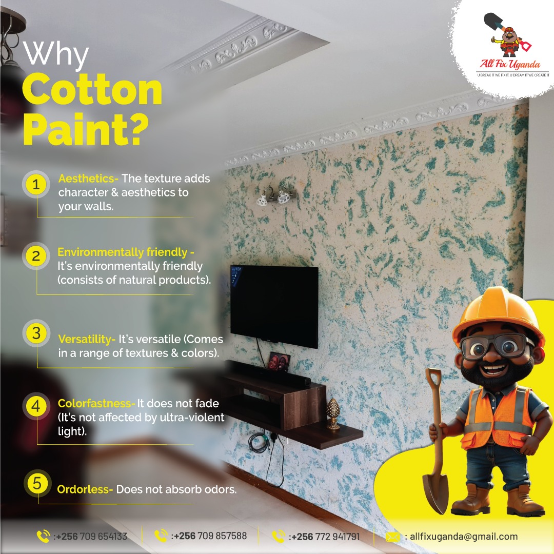 Allfixuganda123's tweet image. Say goodbye to boring walls and hello to style, sustainability, and substance! With Cotton Paint, you’re not just decorating you’re transforming your space.
#aesthetic  #VisualAppeal
#Ecofriendly
#RichTextures #Amazingcolors
#UVresistant #colorfastness #Odorlessliving