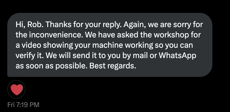 RobBlundell7's tweet photo. It's been a further 5 days, and even after being promised a video to verify the machine is fixed by @Nespresso I have received nothing. This speaks volumes. https://t.co/d6aEBl8JEf
