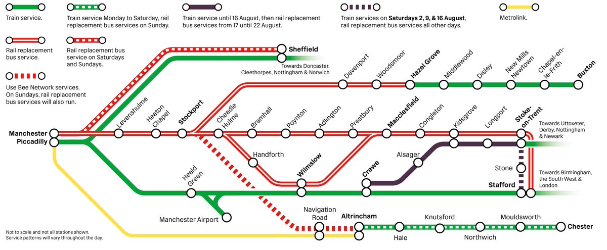🚆 REMINDER: Due to essential works on Greek Street bridge, there will be no rail services through Stockport Station from 2 to 22 August. 

This will affect services from Greater Manchester stations, including Altrincham and Navigation Road.

👉 More info: ow.ly/rafm50WwNZn