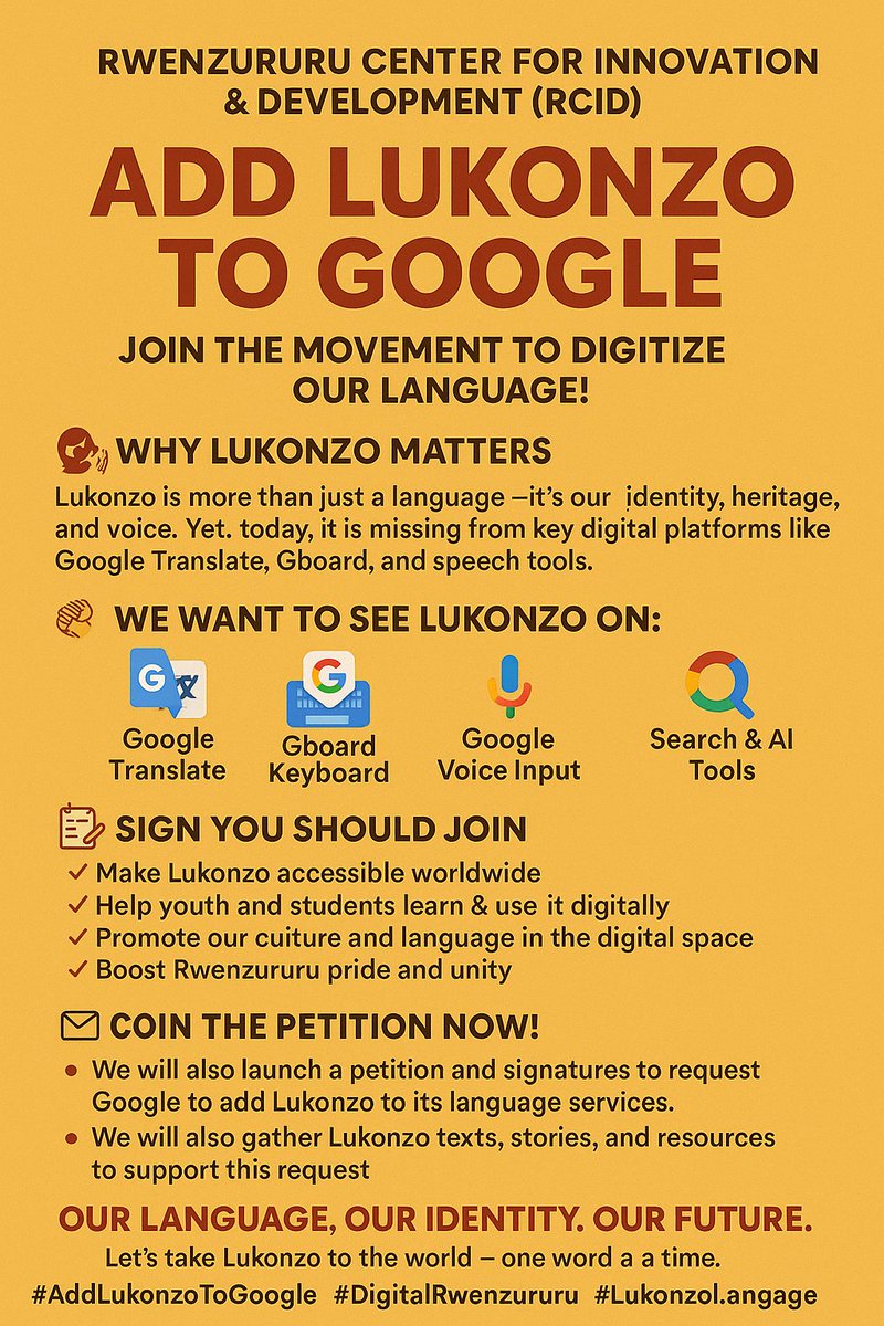 GOOD DAY TO US ALL THE ABANYARWENZURURU .

Please kindly join us and we prepare to launch the "ADD LUKONZO TO GOOGLE" Campaign in September. We call upon the scholars,educational institutions, and all stakeholders to kindly join this movement#Our+Language #Our+Identity#Our+Future
