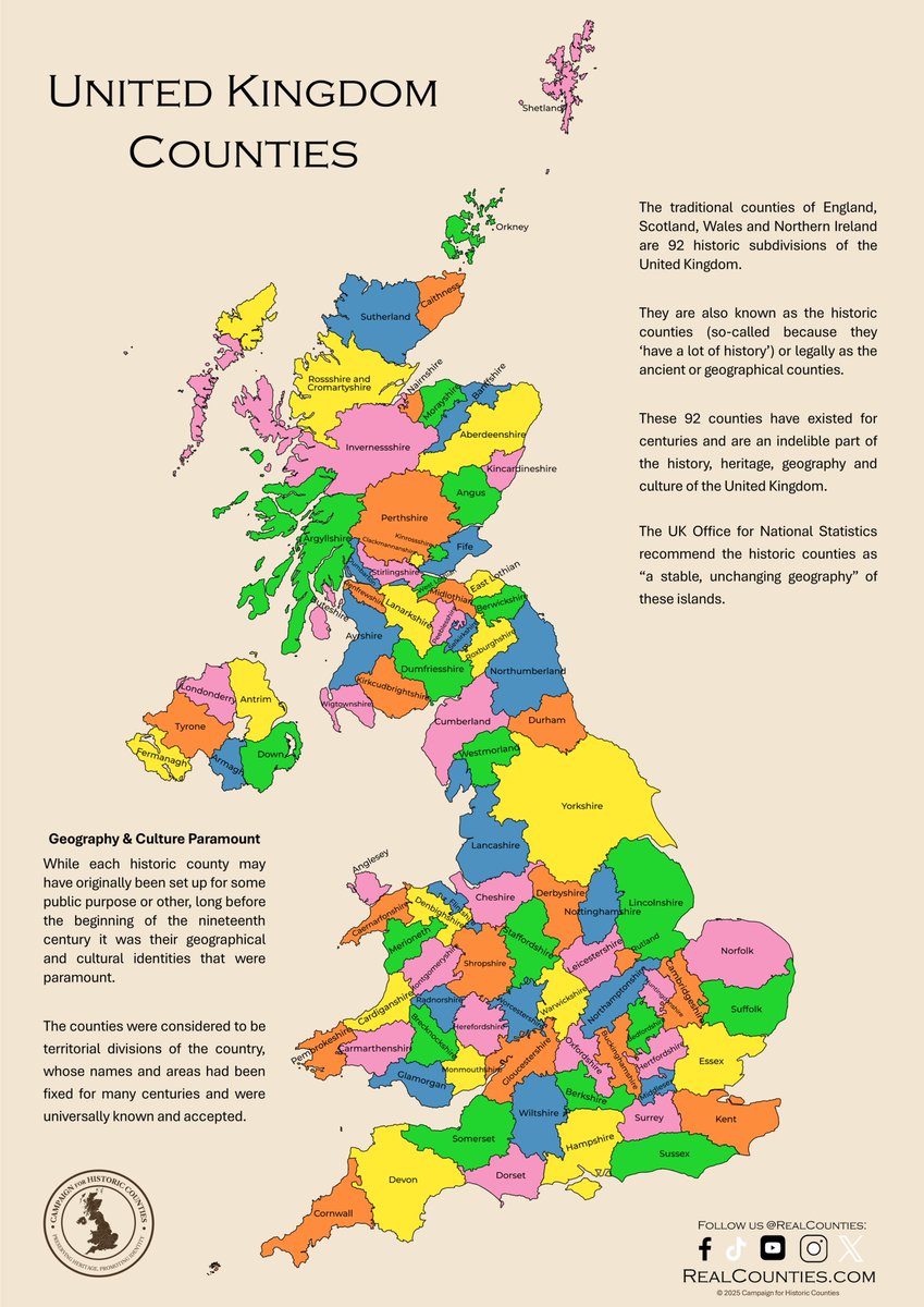 📜 Did you know?

The historic counties have *never* been abolished.

They exist today with the same boundaries that have shaped our identity for generations. 🏰

✅ They’re part of our history, culture &amp; geography - not replaced, just overlooked.

Let’s put them back on the map!
