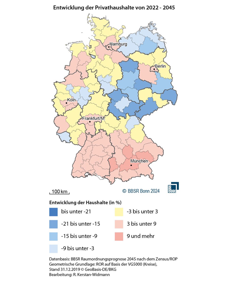 Die Zahl der Einpersonenhaushalte wird bis zum Jahr 2045 von derzeit 17,6 Millionen (2022) auf 18,7 Millionen anwachsen – ein Plus von 6 Prozent. Das geht aus unserer neuen Haushaltsprognose hervor. 
👉Mehr Infos: bbsr.bund.de/BBSR/DE/starts…
