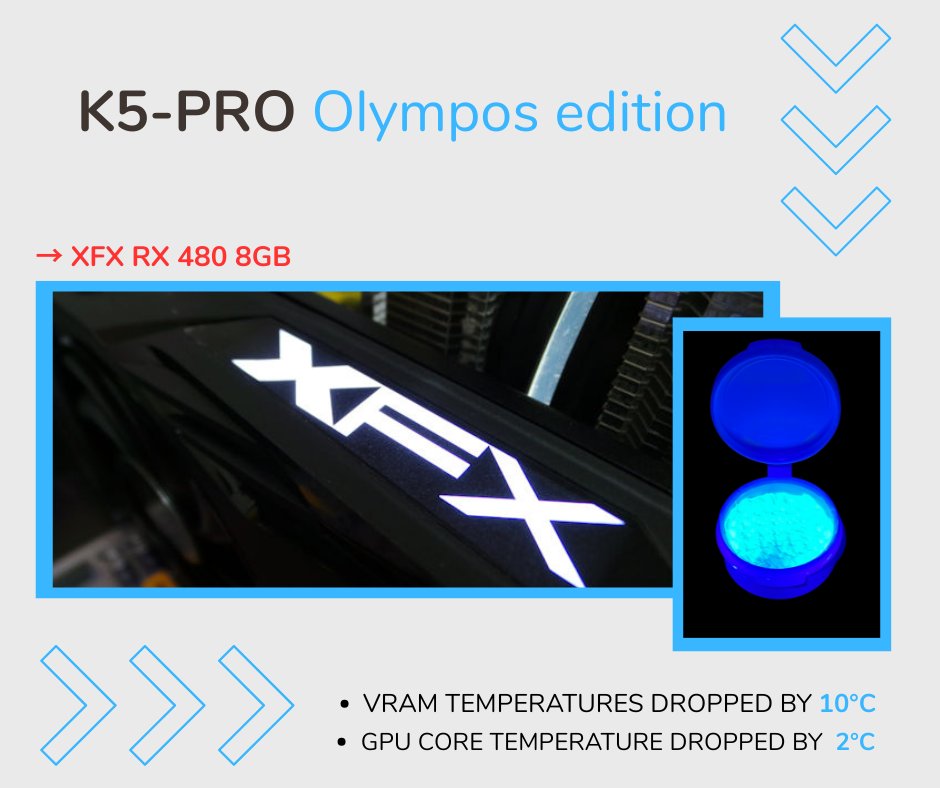 cslabs's tweet image. K5 PRO Olympos Edition on VRAM + PTM7950 by CSGR on GPU dropped temps by 10°C and 2°C on an XFX RX 480 8GB GTR. Fresh install, big impact.
Video: youtu.be/xp99SjpjNeM