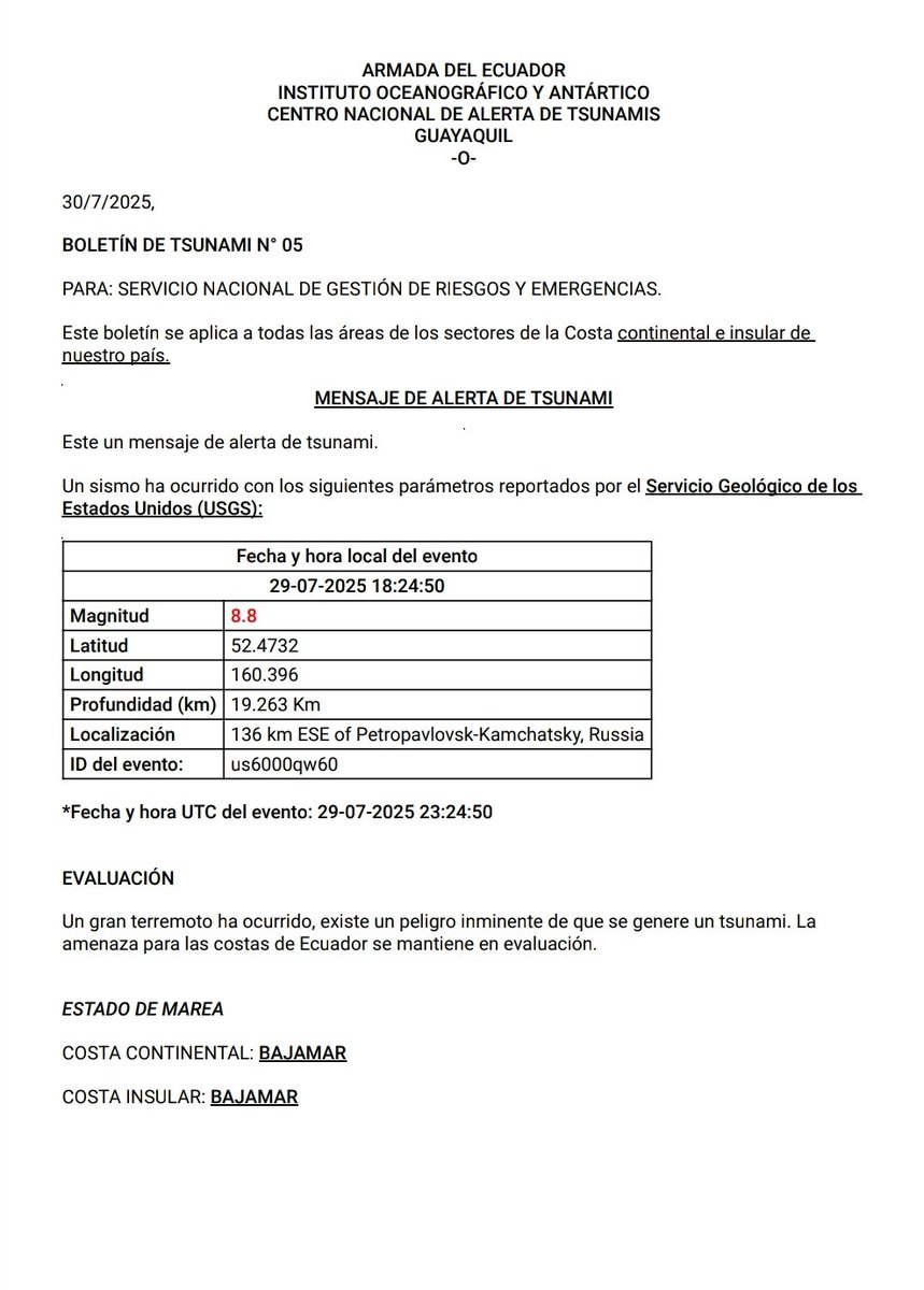 inocarec's tweet photo. Boletín  de #tsunami #5 

Un terremoto ha ocurrido y existe un peligro inminente de generación de tsunami.

📍 Estado de marea:
Costa continental e  insular: Bajamar

🌐 Altura de olas:
1️⃣ Zona insular: hasta 1.5 m
2️⃣ Zona continental (San Lorenzo – Puerto Bolívar): hasta 1.0 m. https://t.co/ZRuBgKRqRz