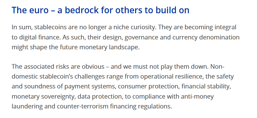 Jürgen Schaaf, Adviser at the ECB, finally says out loud what many of us have known for years: Euro stablecoins are not a systemic risk, but a strategic asset. 

Let’s work together to position the euro at the top of the next financial era. We need a dominant euro stablecoin.