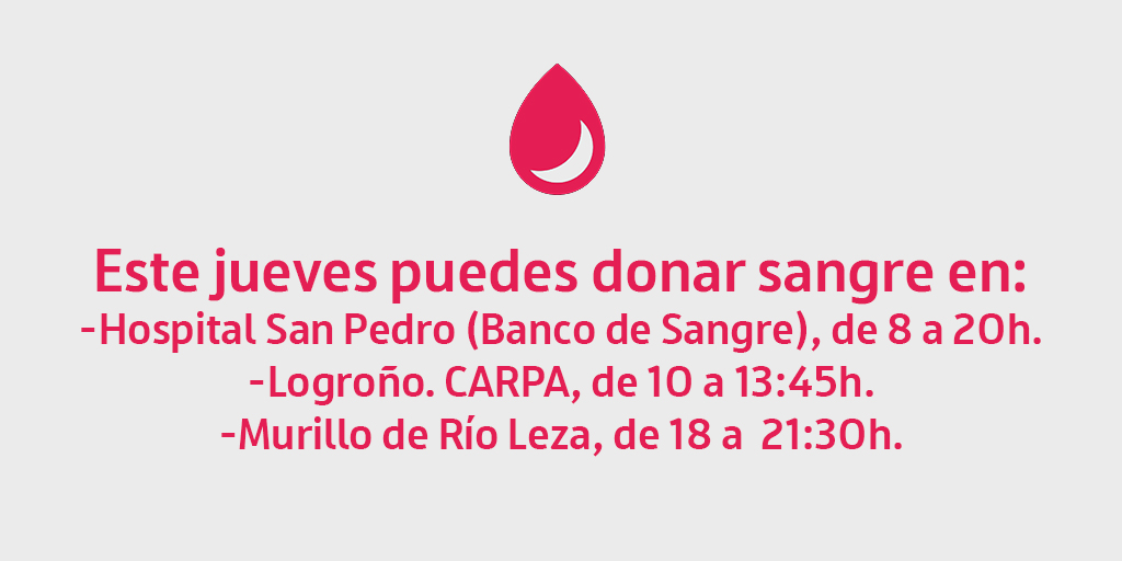 🗓️ Hoy puedes donar sangre en:
🏥#HospitalSanPedro, de 8 a 20h.
🚌#Logroño. CARPA, de 10 a 13:45h.
🚌#MurillodeRíoLeza, de 18 a 21:30h.

✅Dona sangre si te encuentras bien de salud y tienes entre 18 y 65 años
☎️941298494
💻bancosangrerioja.org