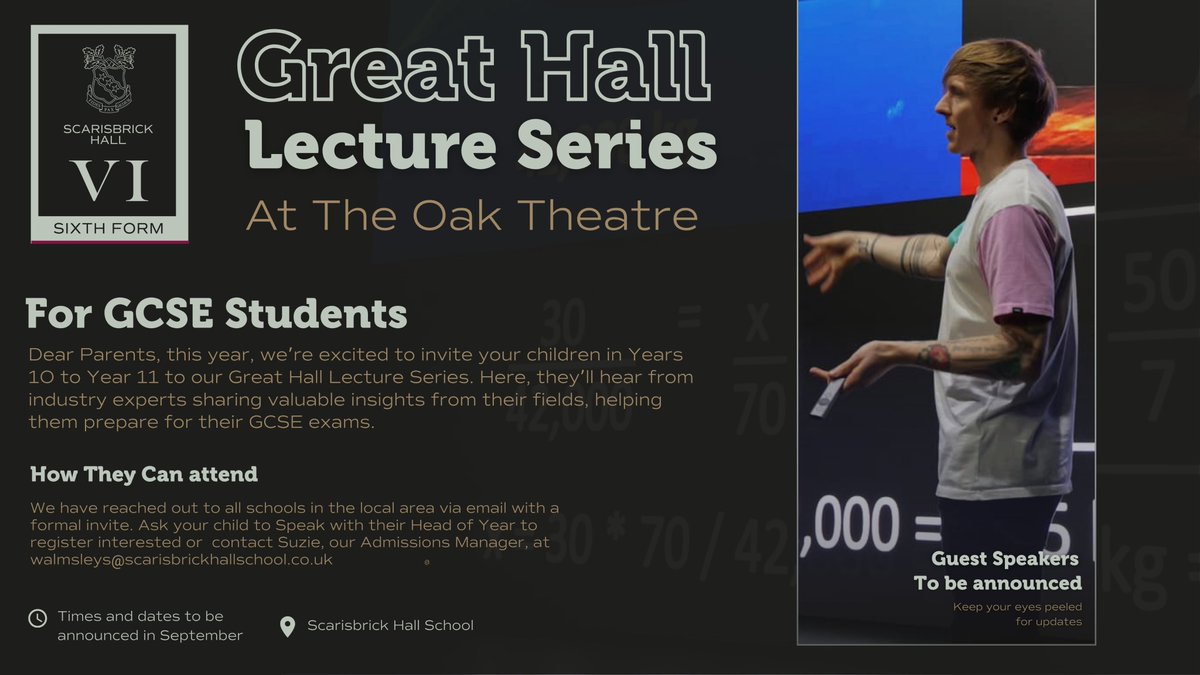 Calling all parents of Y10 and Y11 students across Southport and nearby towns.
Your child is invited to attend the Great Hall Lecture Series at Scarisbrick Hall School in the upcoming academic year.
We can’t wait to welcome them to our school. (Please note, spaces are limited)