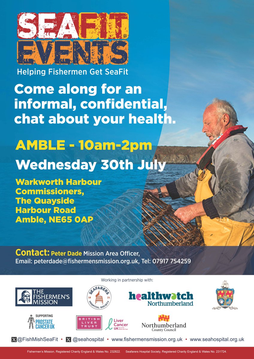 SeaFit® (@fishmishseafit) on Twitter photo SeaFit are taking health & wellbeing services to Amble today for fishermen & family members. Come along for a chat <a href="/thefishmish/">Fishermen's Mission</a> <a href="/seahospital/">Seafarers Hospital Society</a> <a href="/LiverTrust/">British Liver Trust</a> <a href="/ProstateUK/">Prostate Cancer UK</a> <a href="/HWNland/">HW Northumberland</a> <a href="/FlexHealth5/">Flex Health</a> @_WHC_War SeaFit are taking health & wellbeing services to Amble today for fishermen & family members. Come along for a chat <a href="/thefishmish/">Fishermen's Mission</a> <a href="/seahospital/">Seafarers Hospital Society</a> <a href="/LiverTrust/">British Liver Trust</a> <a href="/ProstateUK/">Prostate Cancer UK</a> <a href="/HWNland/">HW Northumberland</a> <a href="/FlexHealth5/">Flex Health</a> @_WHC_War