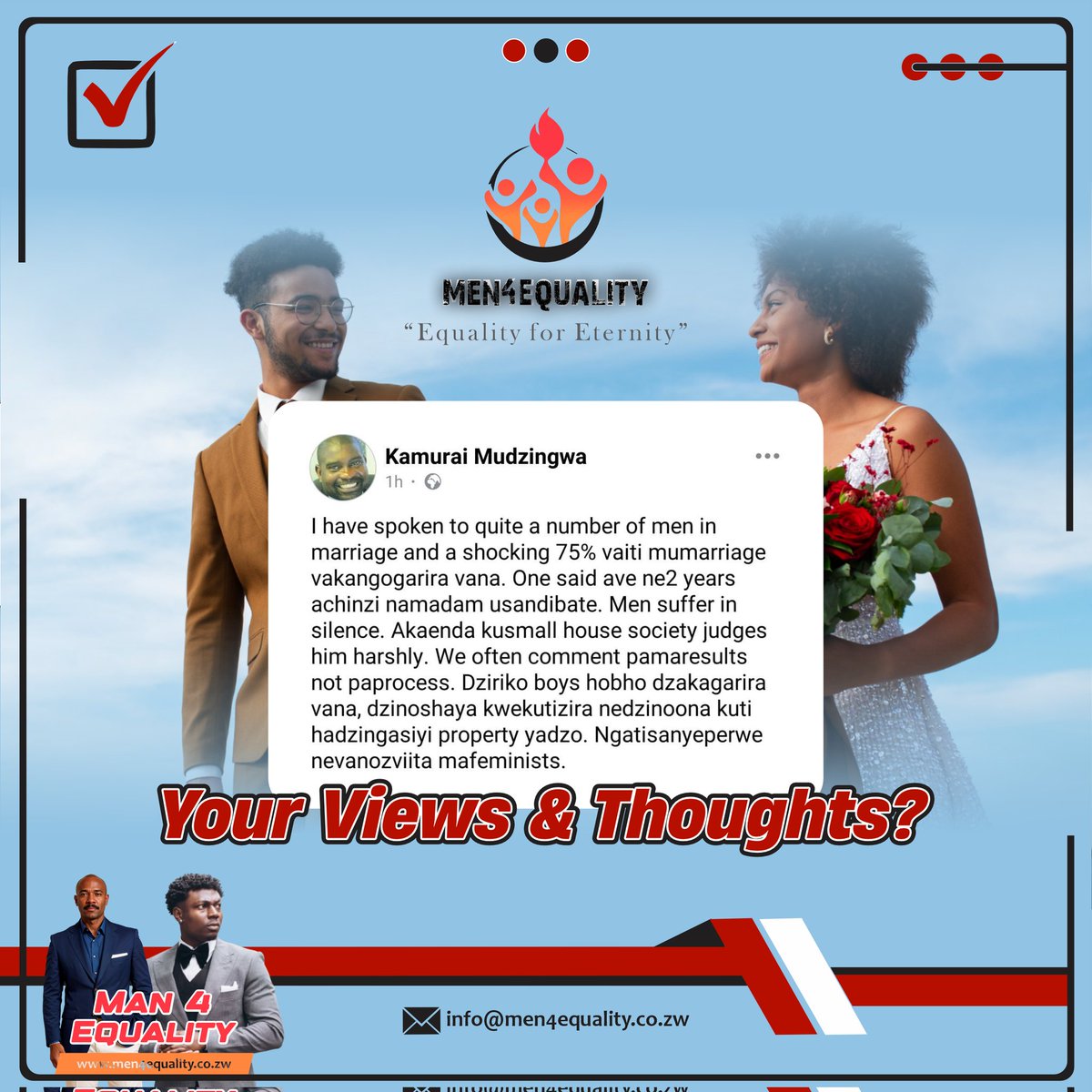 Men4Equality's tweet image. Crisis of Masculinity? Why men are struggling in marriages? Let's discuss.

#EqualityForEternity
#SilenceKills
#OpenUp
#TogetherWeCan