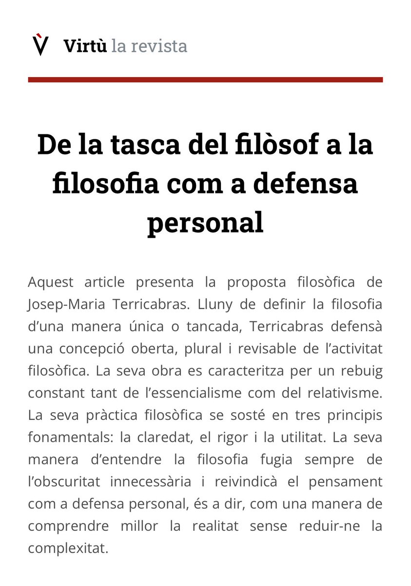 Escola de filosofia (@filoescola) on Twitter photo Avui ha sortit el meu article sobre la concepció de la filosofia del sempre enyorat Josep-Maria Terricabras a la <a href="/revista_virtu/">Revista Virtù</a>, d’estudiants de <a href="/UdGLletres/">Facultat de Lletres UdG</a>.
Fins a finals d’agost encara accepten articles de filosofia catalana #RepteFilosofiaCatalà.
🔗 virtu.cat/Filosofia/DeLa… Avui ha sortit el meu article sobre la concepció de la filosofia del sempre enyorat Josep-Maria Terricabras a la <a href="/revista_virtu/">Revista Virtù</a>, d’estudiants de <a href="/UdGLletres/">Facultat de Lletres UdG</a>.
Fins a finals d’agost encara accepten articles de filosofia catalana #RepteFilosofiaCatalà.
🔗 virtu.cat/Filosofia/DeLa…
