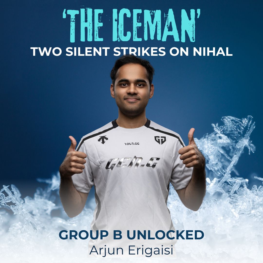 RevSportzGlobal's tweet photo. Arjun ‘The Iceman’ Erigaisi just went full ninja: 2–0 sweep of Nihal Sarin with monk-level calm and lightning-quick strikes.
Group B, you’ve been officially owned. 🎯♟️
#EsportsWC #IceColdConqueror #GenGChess #MGD1 #ArjunErigaisi #Iceman https://t.co/Zb63YbsGXM