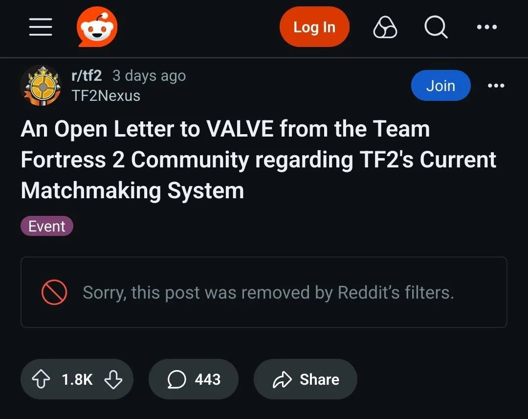 The Open Letter post on Reddit was removed by Reddit's filters. Wow.

#BringBackQuickplay #TF2
