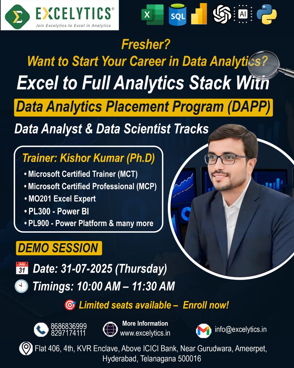excelytics_info's tweet image. Hi,
Hope you are doing well, wanted to keep you posted that we have Demo session Data Analytics Placement Program (DAPP) on 31-July-2025 between 10:00AM-11:30AM by Mr. Kishor 

 Registration Link : forms.gle/e9KcJsh32XWXhL…
 Zoom Link : excelytics.info/Demo
