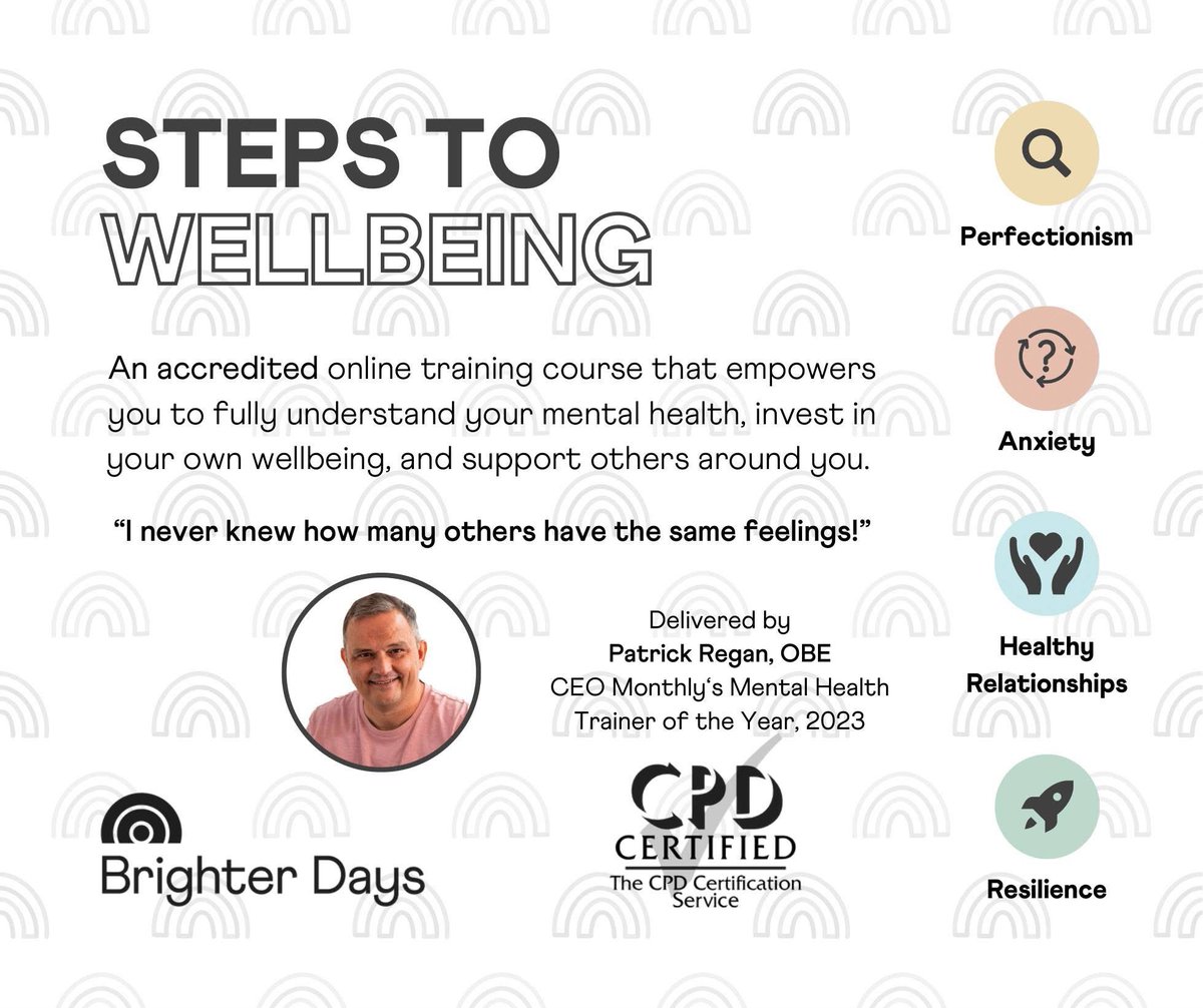 Patrick Regan OBE (@patrickregankh) on Twitter photo Last call for our wellbeing course that starts in September,
Deadline for applications Friday 1st August
Info : hello@brighterdays.life Last call for our wellbeing course that starts in September,
Deadline for applications Friday 1st August
Info : hello@brighterdays.life