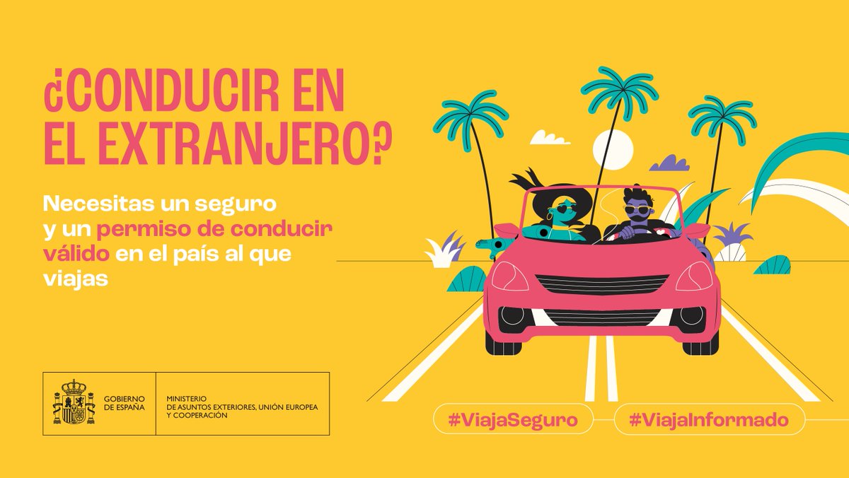 ✈️ ¿Viajas al extranjero este verano?

🚗 Si vas a conducir, recuerda que necesitas un seguro y un permiso de conducir válidos en el país al que viajas.
#ViajaSeguro y #ViajaInformado.
ℹ️ Más información en exteriores.gob.es/es/ServiciosAl…