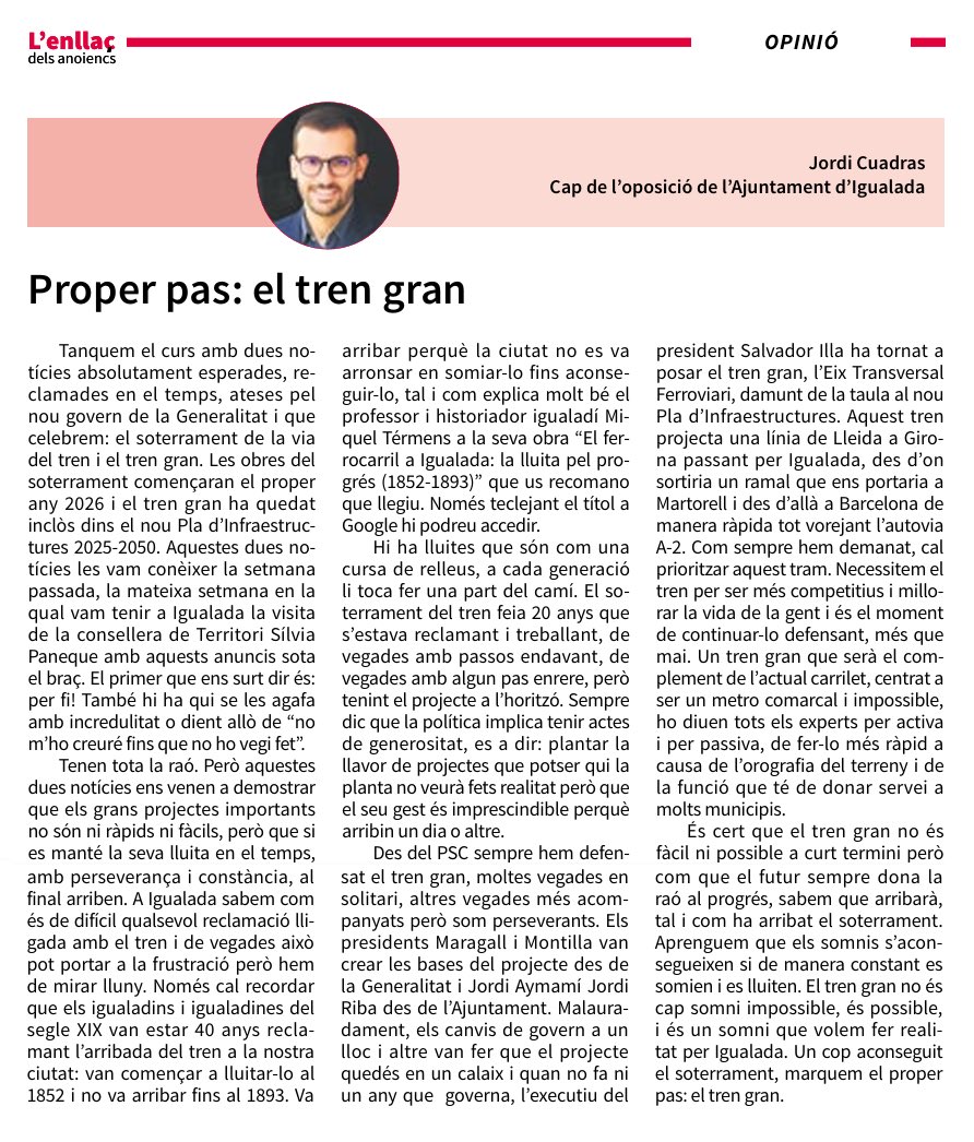 📃 Us convidem a llegir l’article del cap de l’oposició <a href="/jordicuadras/">Jordi Cuadras</a> a <a href="/LENLLAC/">L'ENLLAÇ</a> sobre el tren gran.

🚆 "No és fàcil però com que el futur sempre dona la raó al progrés, sabem que arribarà tal i com ha arribat el soterrament".

👉🏻 anoiadiari.cat/jordi-cuadras/…