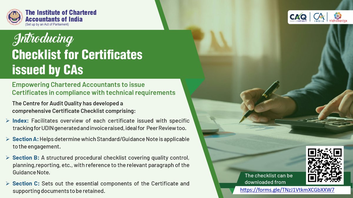 CAQ, ICAI issues one of the most important Checklist for any Certificate to be issued by CAs.
Access now &amp; share with fellow members
 Link: forms.gle/TNzJ1VtkmXCGbX…

<a href="/theicai/">Institute of Chartered Accountants of India - ICAI</a> <a href="/CAPramodLunawat/">CA. Pramod Jain</a> <a href="/cavishaldoshi/">Vishal Doshi</a>  
#TheICAI #AuditQuality #CA #Certificates #Assurance