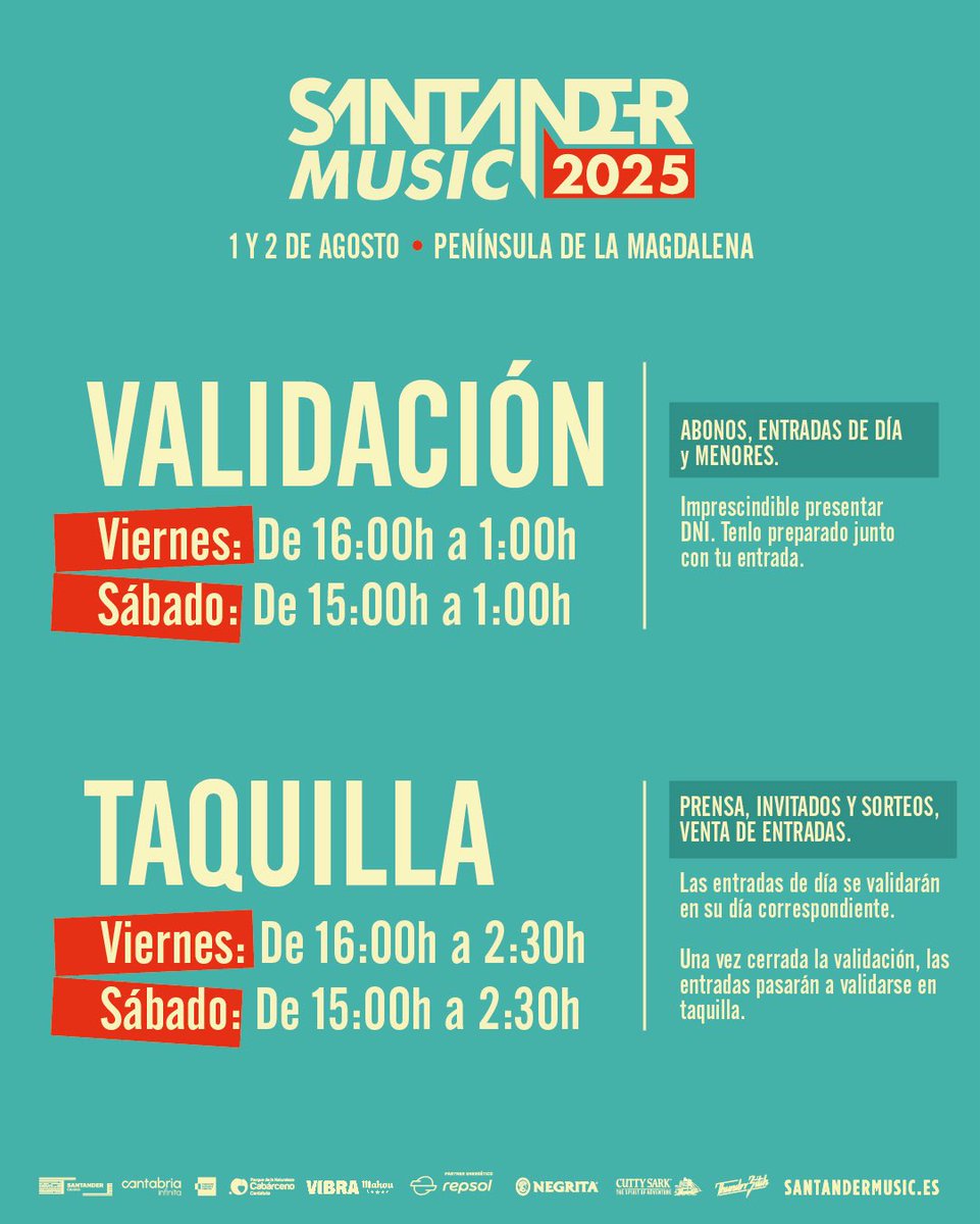 Santander Music (@santandermusic) on Twitter photo Todo lo que necesitas saber para validar tu entrada o pasar por taquilla está aquí 👇
Ten el DNI a mano y prepárate para disfrutar del festival sin líos 🙌
¡Nos vemos en la Península de la Magdalena! 🌊🎶
#SantanderMusic2025
<a href="/cant_infinita/">Cantabria Infinita</a> <a href="/TurismoSDR/">Turismo Santander</a> <a href="/CLebaniego/">Camino Lebaniego</a> <a href="/SDRCreativa/">Santander Creativa</a> Todo lo que necesitas saber para validar tu entrada o pasar por taquilla está aquí 👇
Ten el DNI a mano y prepárate para disfrutar del festival sin líos 🙌
¡Nos vemos en la Península de la Magdalena! 🌊🎶
#SantanderMusic2025
<a href="/cant_infinita/">Cantabria Infinita</a> <a href="/TurismoSDR/">Turismo Santander</a> <a href="/CLebaniego/">Camino Lebaniego</a> <a href="/SDRCreativa/">Santander Creativa</a>