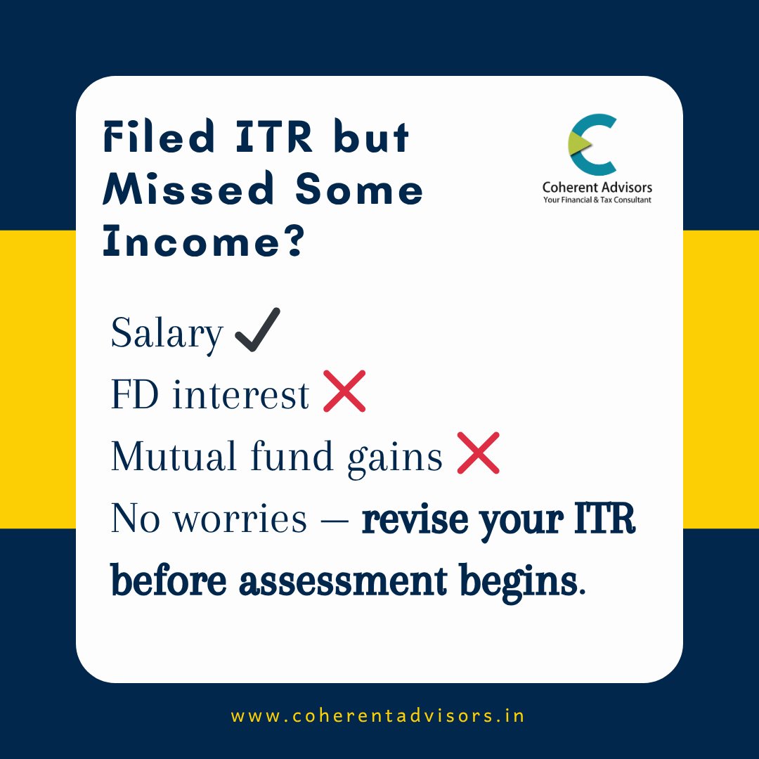 coherentadvisor's tweet image. Missed Declaring Income? You Can Still Fix It!

#reviseditr #IncomeDisclosure #FDInterest #mutualfundgains #ITRCorrection #TaxFilingTips #StayCompliant #ITR2025 #coherent