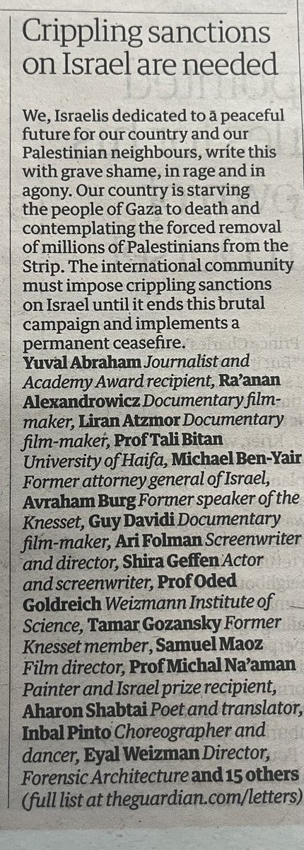 31 prominent Israelis, in a letter in today's Guardian, call on the international community to "impose crippling sanctions on Israel" - sanctions on their own country.