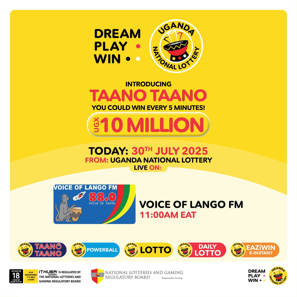 Voice of Lango 88fm (@voiceoflangofm) on Twitter photo Tune in to get to know how to win with TAANO TAANO as we host <a href="/stephenkmuneza/">Stephen Muneza</a>, PRO <a href="/LotteryUganda/">Uganda National Lottery</a>.
DREAM, PLAY & WIN with Uganda National Lottery.
#TaanoTaano #PowerBall #
#DreamPlayWin #UgandaNationalLottery Tune in to get to know how to win with TAANO TAANO as we host <a href="/stephenkmuneza/">Stephen Muneza</a>, PRO <a href="/LotteryUganda/">Uganda National Lottery</a>.
DREAM, PLAY & WIN with Uganda National Lottery.
#TaanoTaano #PowerBall #
#DreamPlayWin #UgandaNationalLottery