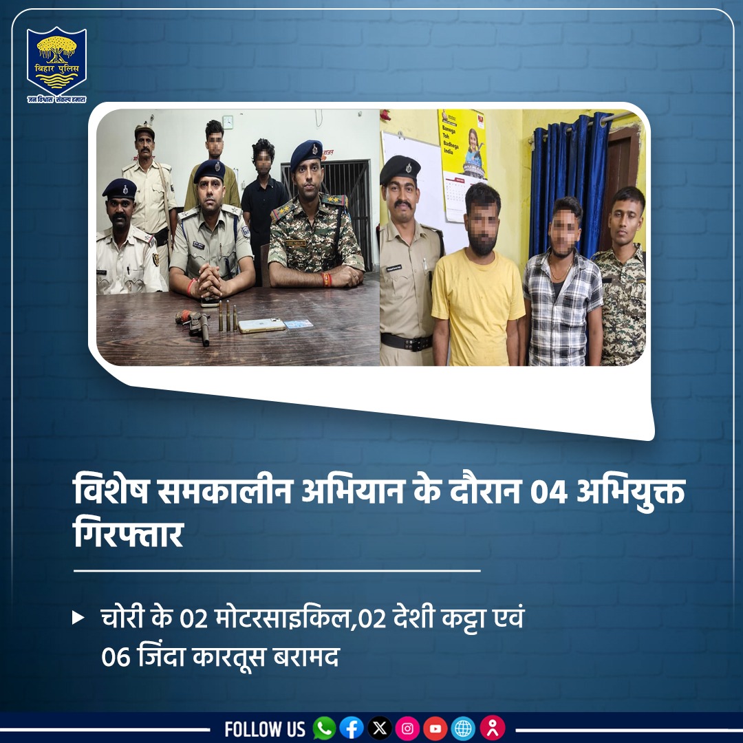 Bihar Police (@bihar_police) on Twitter photo рдХрдЯрд┐рд╣рд╛рд░ рдЬрд┐рд▓реЗ рдХреЗ рдХреЛрдврд╝рд╛ рдПрд╡рдВ рдирдЧрд░ рдерд╛рдирд╛рдВрддрд░реНрдЧрдд рд╡рд┐рд╢реЗрд╖ рд╕рдордХрд╛рд▓реАрди рдЕрднрд┐рдпрд╛рди рдХреЗ рджреМрд░рд╛рди рдЪреЛрд░реА рдХреЗ 02 рдореЛрдЯрд░рд╕рд╛рдЗрдХрд┐рд▓, 02 рджреЗрд╢реА рдХрдЯреНрдЯрд╛ рдПрд╡рдВ 06 рдЬрд┐рдВрджрд╛ рдХрд╛рд░рддреВрд╕ рдХреЗ рд╕рд╛рде 04 рдЕрднрд┐рдпреБрдХреНрддреЛрдВ рдХреЛ рдХрд┐рдпрд╛ рдЧрдпрд╛ рдЧрд┐рд░рдлреНрддрд╛рд░ред
.
.
#BiharPolice #HainTaiyaarHum #Bihar рдХрдЯрд┐рд╣рд╛рд░ рдЬрд┐рд▓реЗ рдХреЗ рдХреЛрдврд╝рд╛ рдПрд╡рдВ рдирдЧрд░ рдерд╛рдирд╛рдВрддрд░реНрдЧрдд рд╡рд┐рд╢реЗрд╖ рд╕рдордХрд╛рд▓реАрди рдЕрднрд┐рдпрд╛рди рдХреЗ рджреМрд░рд╛рди рдЪреЛрд░реА рдХреЗ 02 рдореЛрдЯрд░рд╕рд╛рдЗрдХрд┐рд▓, 02 рджреЗрд╢реА рдХрдЯреНрдЯрд╛ рдПрд╡рдВ 06 рдЬрд┐рдВрджрд╛ рдХрд╛рд░рддреВрд╕ рдХреЗ рд╕рд╛рде 04 рдЕрднрд┐рдпреБрдХреНрддреЛрдВ рдХреЛ рдХрд┐рдпрд╛ рдЧрдпрд╛ рдЧрд┐рд░рдлреНрддрд╛рд░ред
.
.
#BiharPolice #HainTaiyaarHum #Bihar