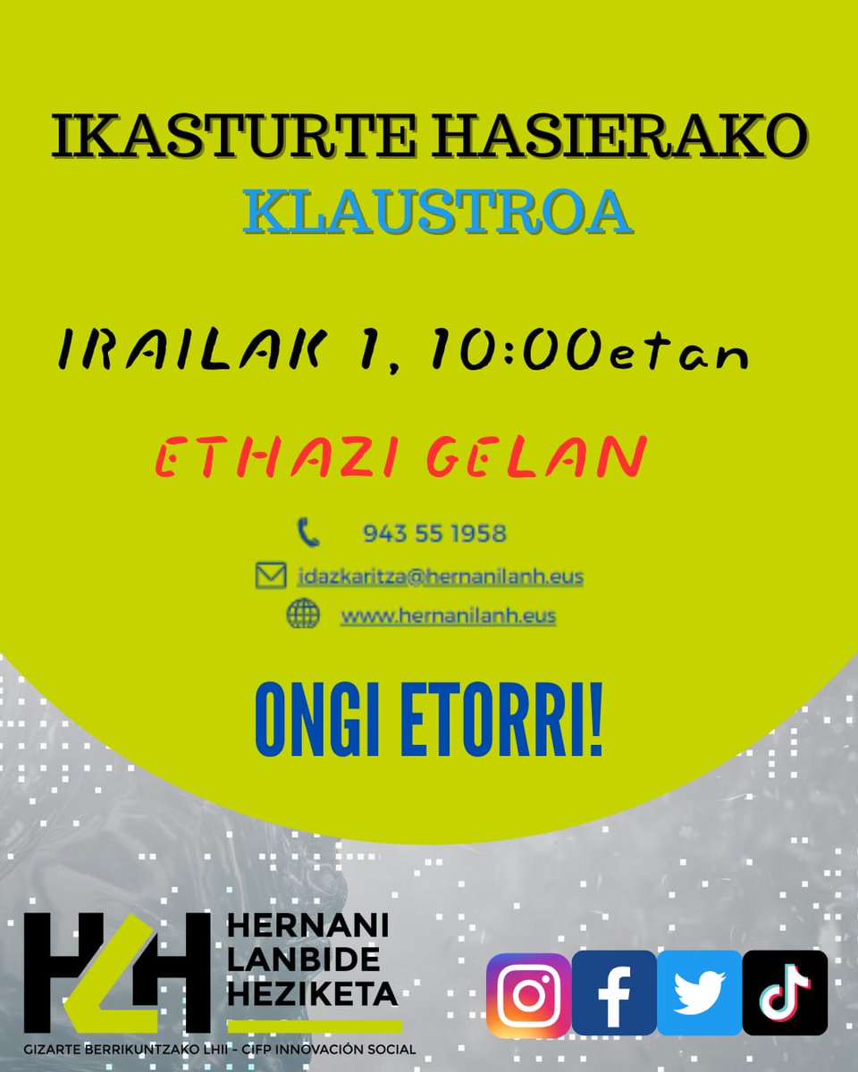 Gizarte Berrikuntzako LHII (@hernanilhii) on Twitter photo π’ IKASURTE HASIERAKO KLAUSTROA
π
Irailaren 1ean, 10:00etan
π ETHAZI gelan
Hernani Lanbide Heziketa - Gizarte Berrikuntzako LHII
π 943 55 19 58
π§ idazkaritza@hernanilanh.eus
π hernanilanh.eus
#hernanilanbideheziketa #gizarteberrikuntzalhii #klaustroa #fpeuskadi π’ IKASURTE HASIERAKO KLAUSTROA
π
Irailaren 1ean, 10:00etan
π ETHAZI gelan
Hernani Lanbide Heziketa - Gizarte Berrikuntzako LHII
π 943 55 19 58
π§ idazkaritza@hernanilanh.eus
π hernanilanh.eus
#hernanilanbideheziketa #gizarteberrikuntzalhii #klaustroa #fpeuskadi