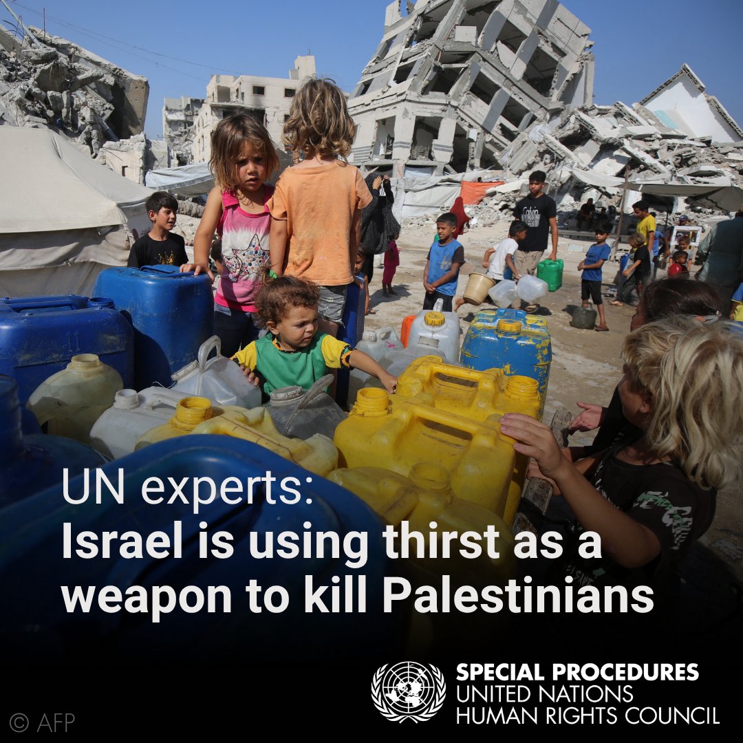 UN experts condemn #Israel’s deliberate dehydration &amp; starvation of the #Palestinian people, call for urgent deployment of naval humanitarian aid such as fuel, water &amp; other supplies, to meet urgent humanitarian needs in #Gaza.

ohchr.org/en/press-relea…