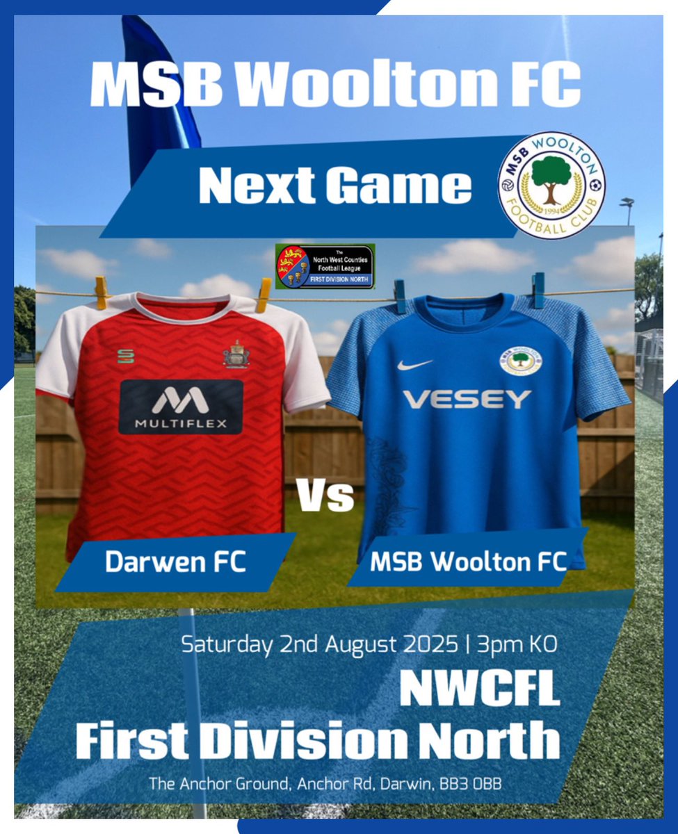 …and so, a new era begins! 

Saturday sees us make our 1st appearance in the <a href="/nwcfl/">The NWCFL ⚽️</a> (1st Div North) and we are on our travels 🚌 over to Darwen

⚽️ <a href="/DarwenFC/">Darwen FC</a> 
🕒 3pm KO 
🏟️ Anchor Ground, Darwen, BB3 0BB
🎟️ £7 Adults | £4 Con | £2 Kids

Good luck to the lads 🤞

#upthewoo