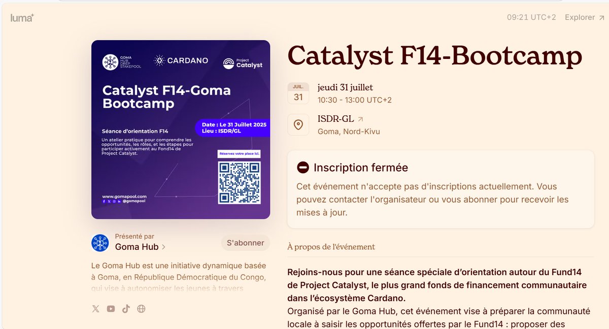 Catalyst F14 – Goma Bootcamp
📅 31 juillet 2025 à l’ISDR-GL. 
🚀 94 inscrits prêts à découvrir le Fonds 14 de #ProjectCatalyst #Cardano, proposer des projets innovants et devenir community reviewers.
👥 Inscrits ? <a href="/gomadrep/">GOMA || SPO || DRep</a> vous attend demain !