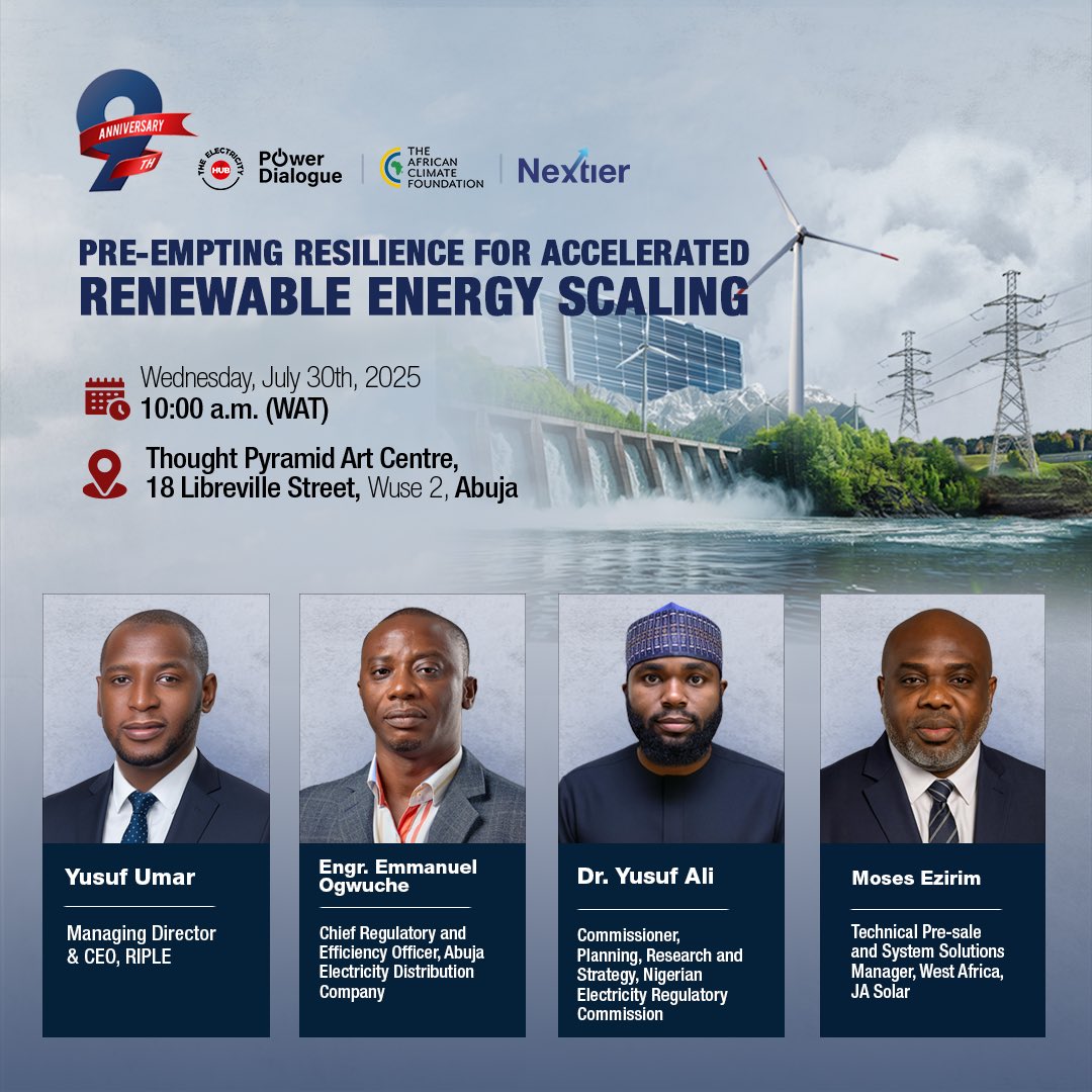 Join us Today, July 30, by 10:00 a.m. as we host the 9th anniversary and 108th edition of our monthly Power Dialogue to discuss, 𝗣𝗿𝗲𝗲𝗺𝗽𝘁𝗶𝗻𝗴 𝗥𝗲𝘀𝗶𝗹𝗶𝗲𝗻𝗰𝗲 𝗙𝗼𝗿 𝗔𝗰𝗰𝗲𝗹𝗲𝗿𝗮𝘁𝗲𝗱 𝗥𝗲𝗻𝗲𝘄𝗮𝗯𝗹𝗲 𝗘𝗻𝗲𝗿𝗴𝘆 

This edition will focus on:

•Proposing ways